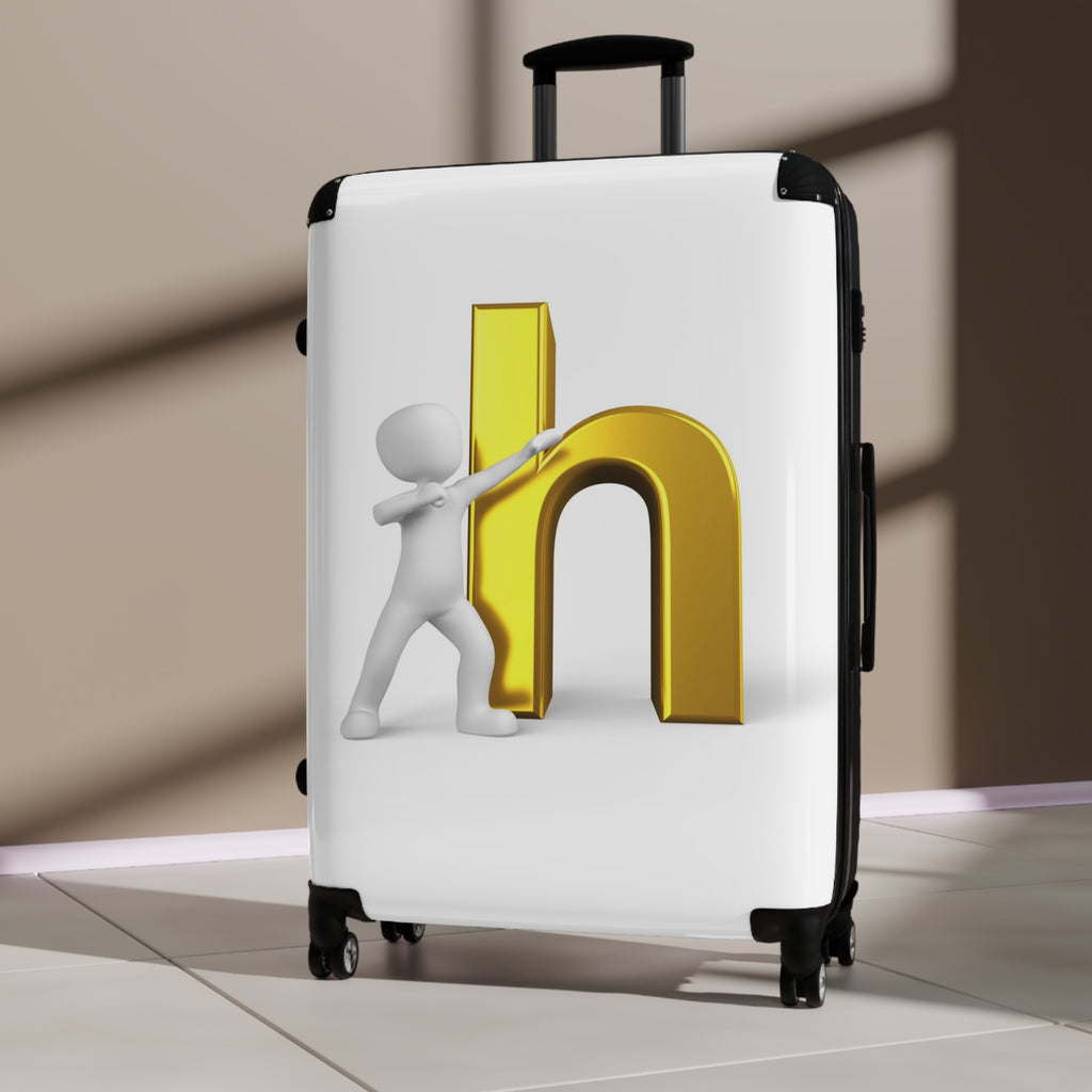 3D Person Standing Beside Gold Letter h Suitcase | Personalized Luggage Case
