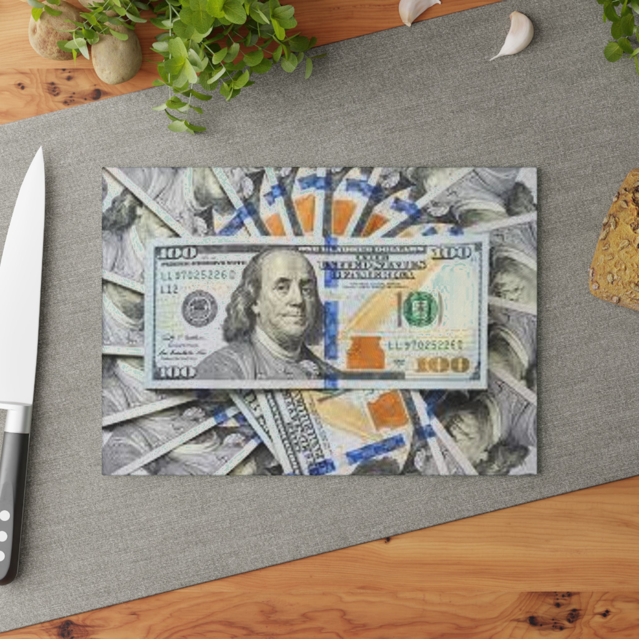 Stack of 100 Bills Glass Cutting Board | Money Pattern Kitchen Decor