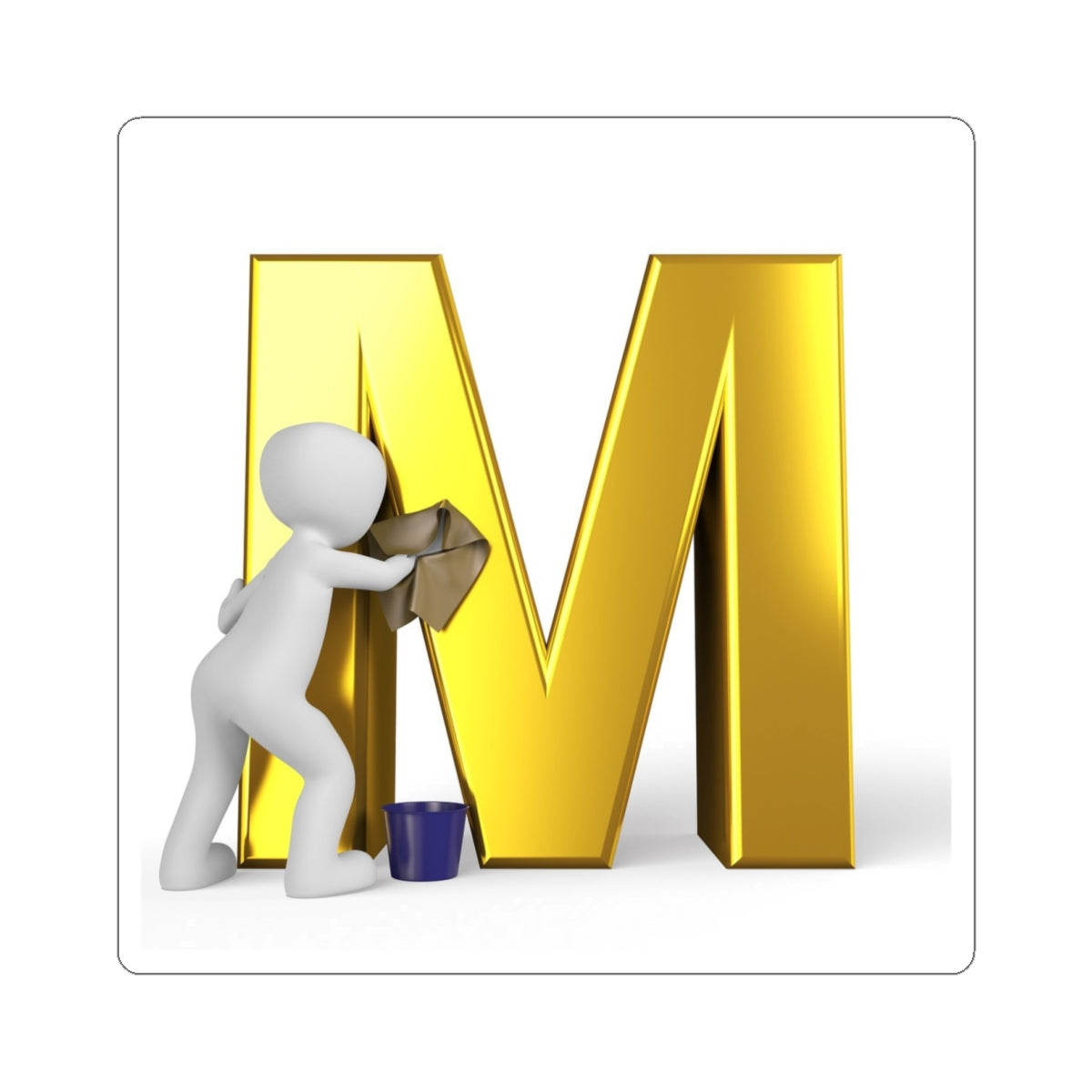 Autocollant Lettre M dorée avec personnage de peintre | Décalcomanie alphabet découpée au baiser