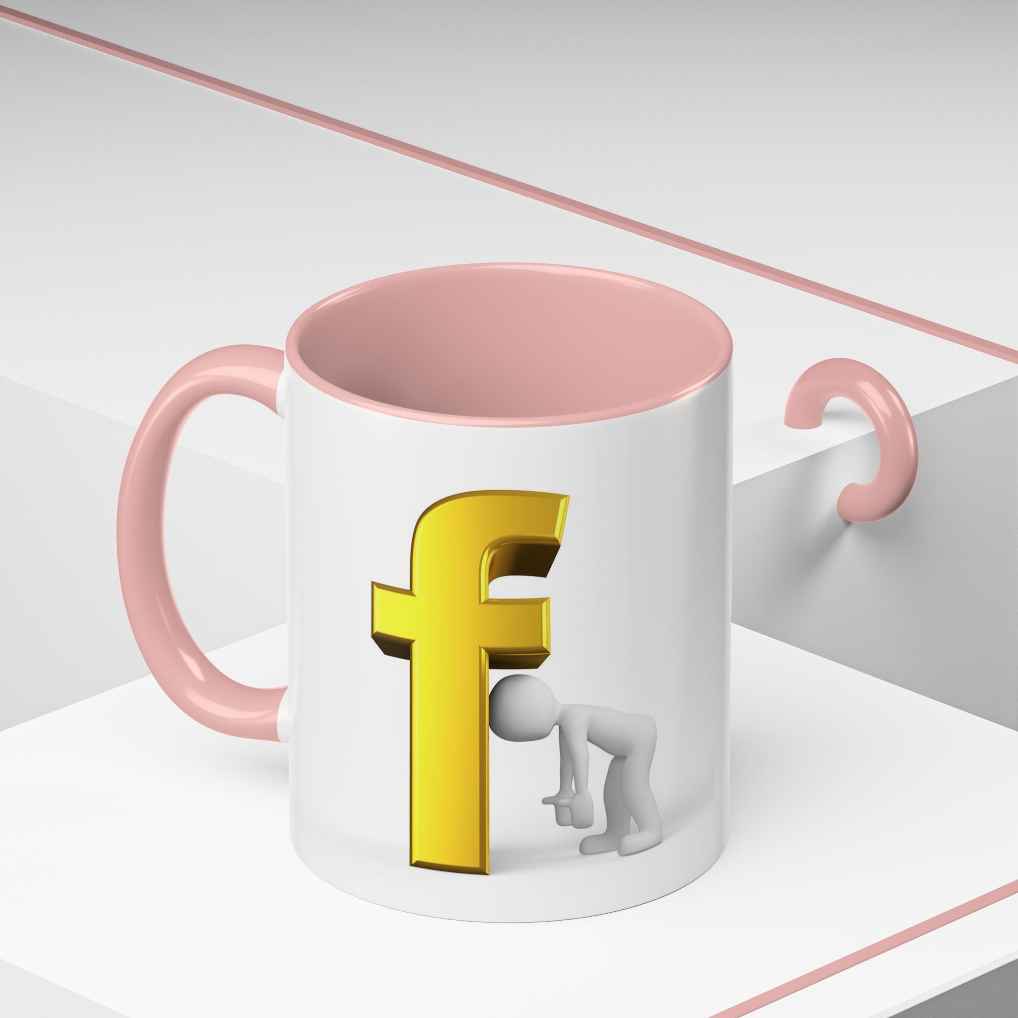 3D Tiny Figure Leaning on Gold Letter F Mug | Accent Coffee Mug