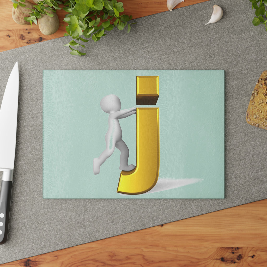 3D Stick Figure Pushing Gold Letter J Glass Cutting Board | Decorative Kitchen Countertop