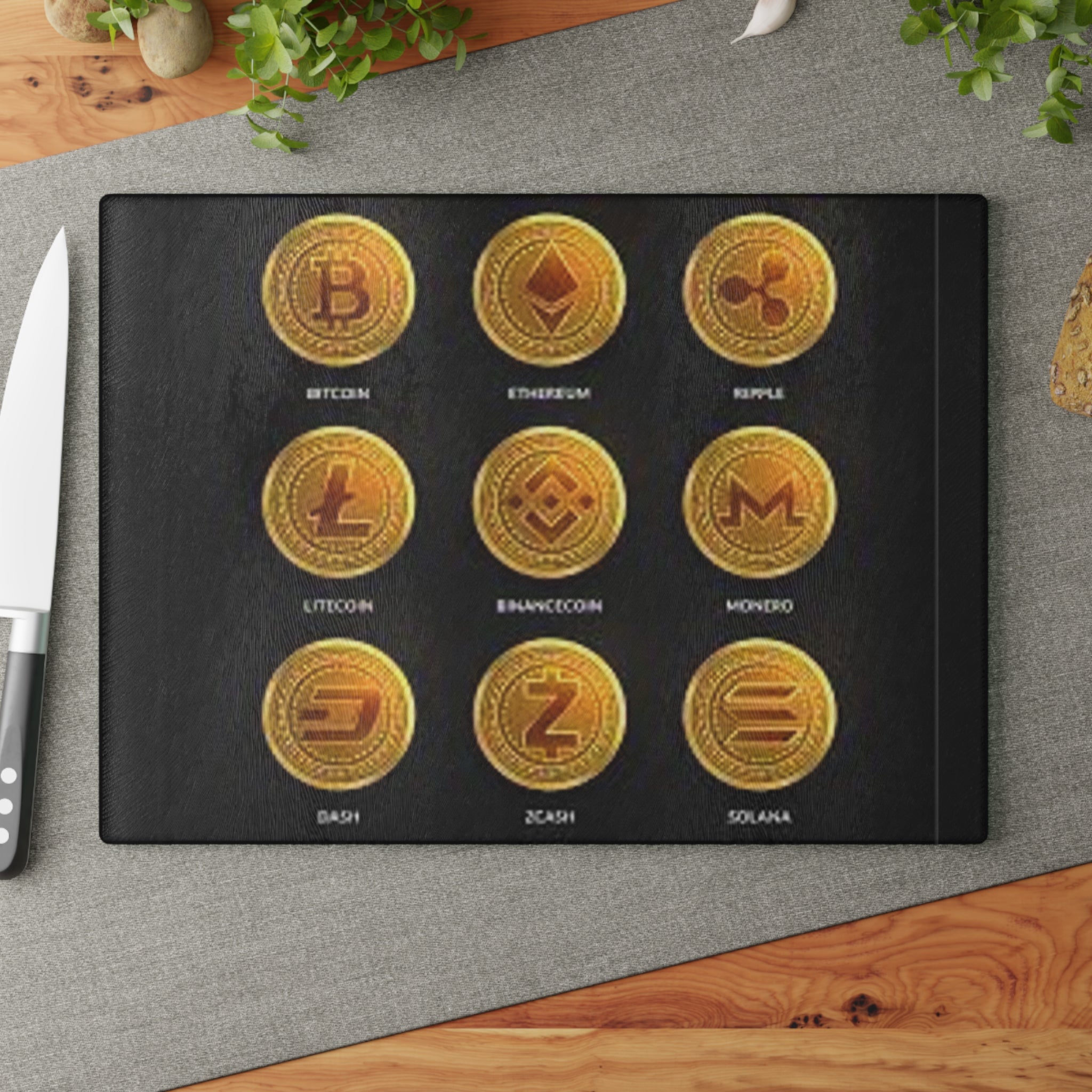 Cryptocurrency Coins glass cutting board | Bitcoin Ethereum Ripple Litecoin Binance Monero