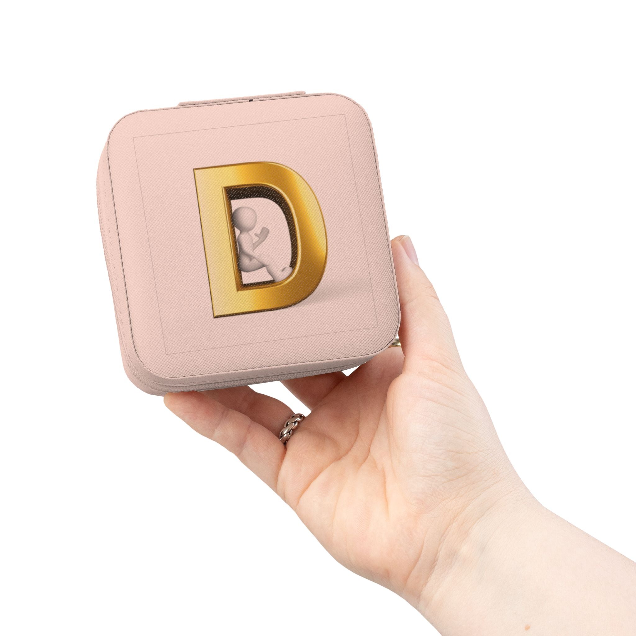 Étui de voyage pour bijoux monogramme D doré | Boîte à bijoux rose compacte