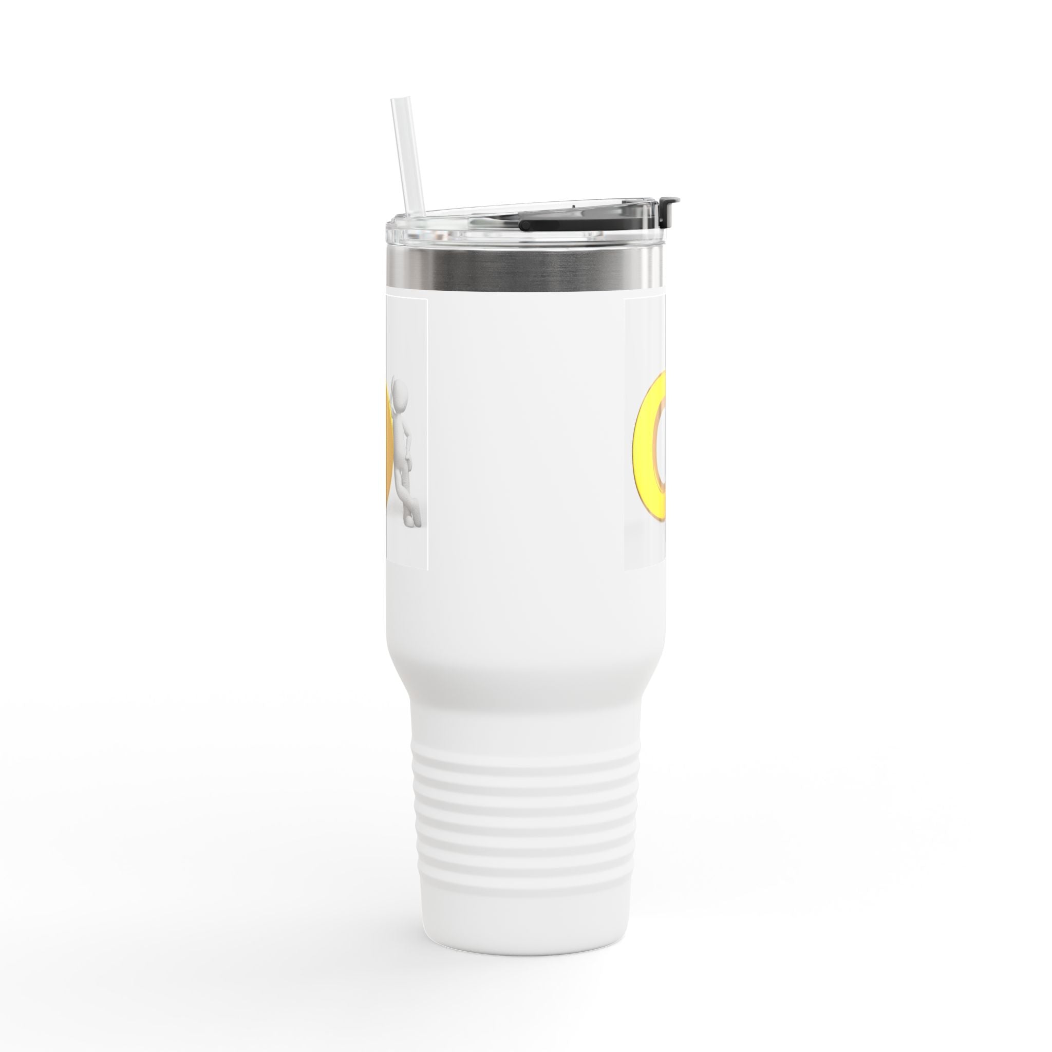 Personne 3D poussant une lettre O en or sur un gobelet de voyage | Gobelet isotherme de 40 oz