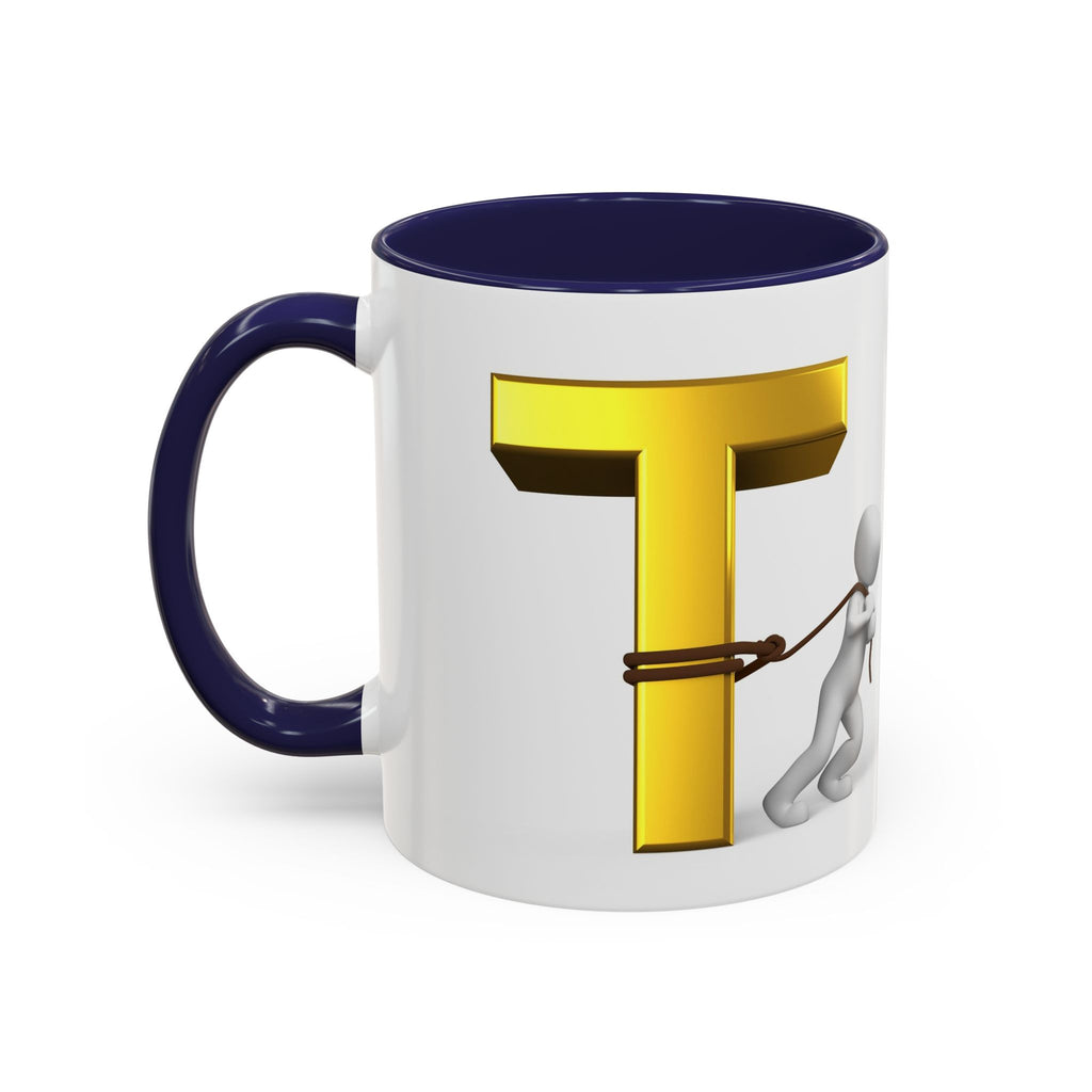 3D Stick Figure Tugging Gold Letter T Mug | Accent Coffee Mug