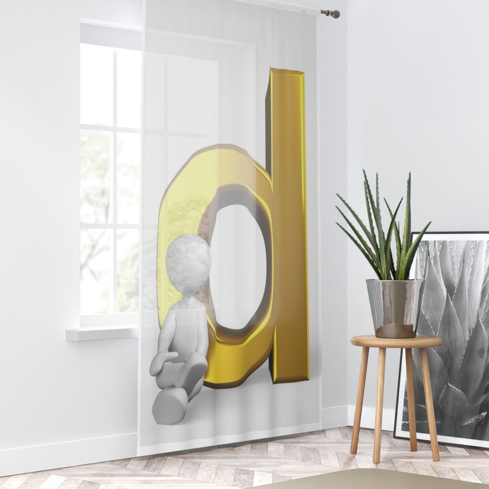 Lowercase Gold Letter d with Sitting Figurine Window Curtain | Letter D Sheer Panel