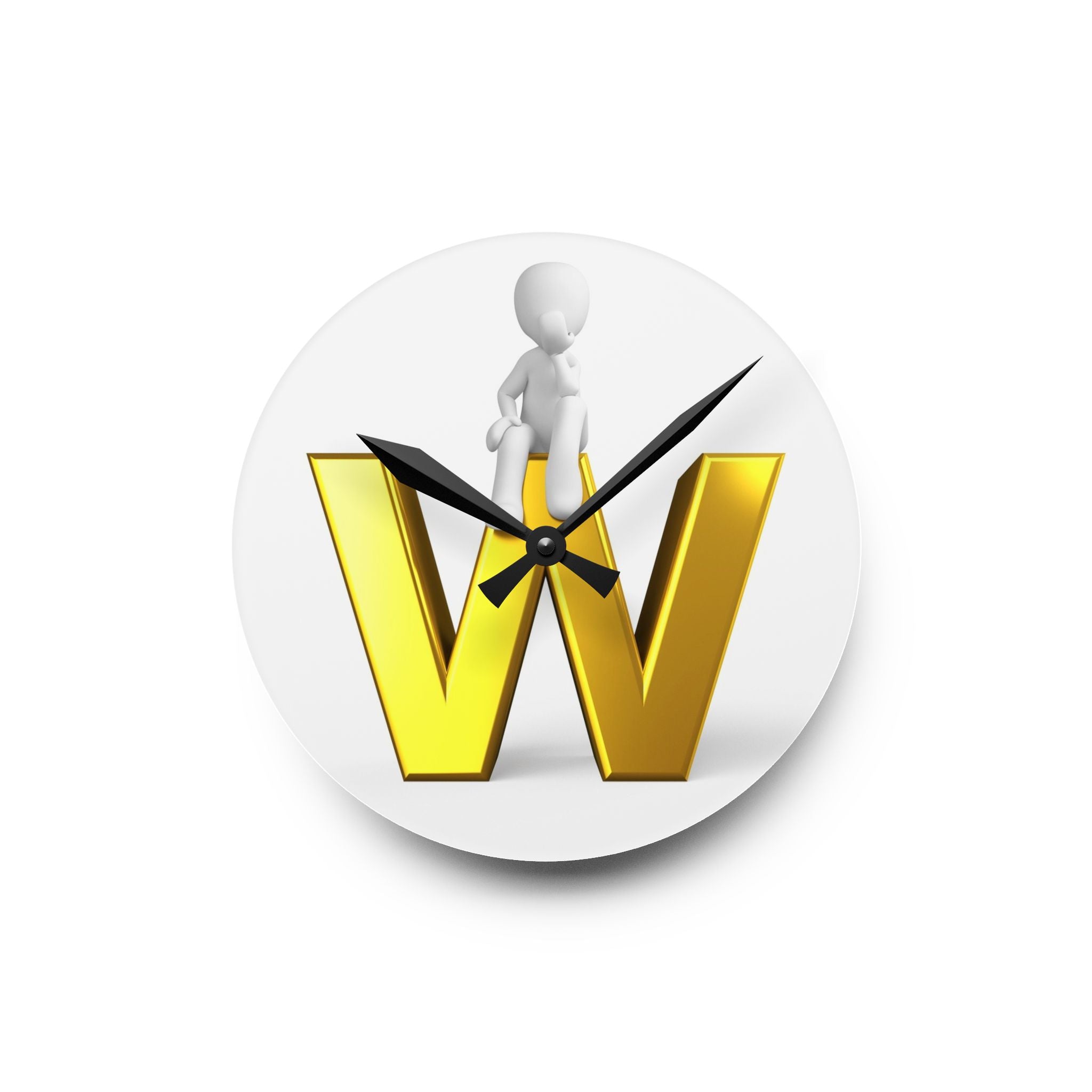 Gold Letter W with Figure Acrylic Wall Clock | Initial Monogram Decor