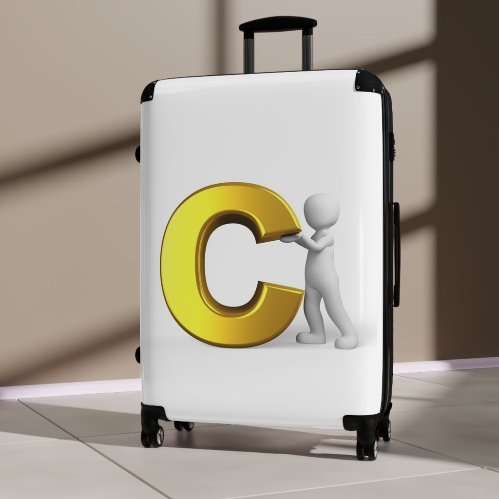 3D Person Pushing Gold Letter C Suitcase | Personalized Luggage Cover