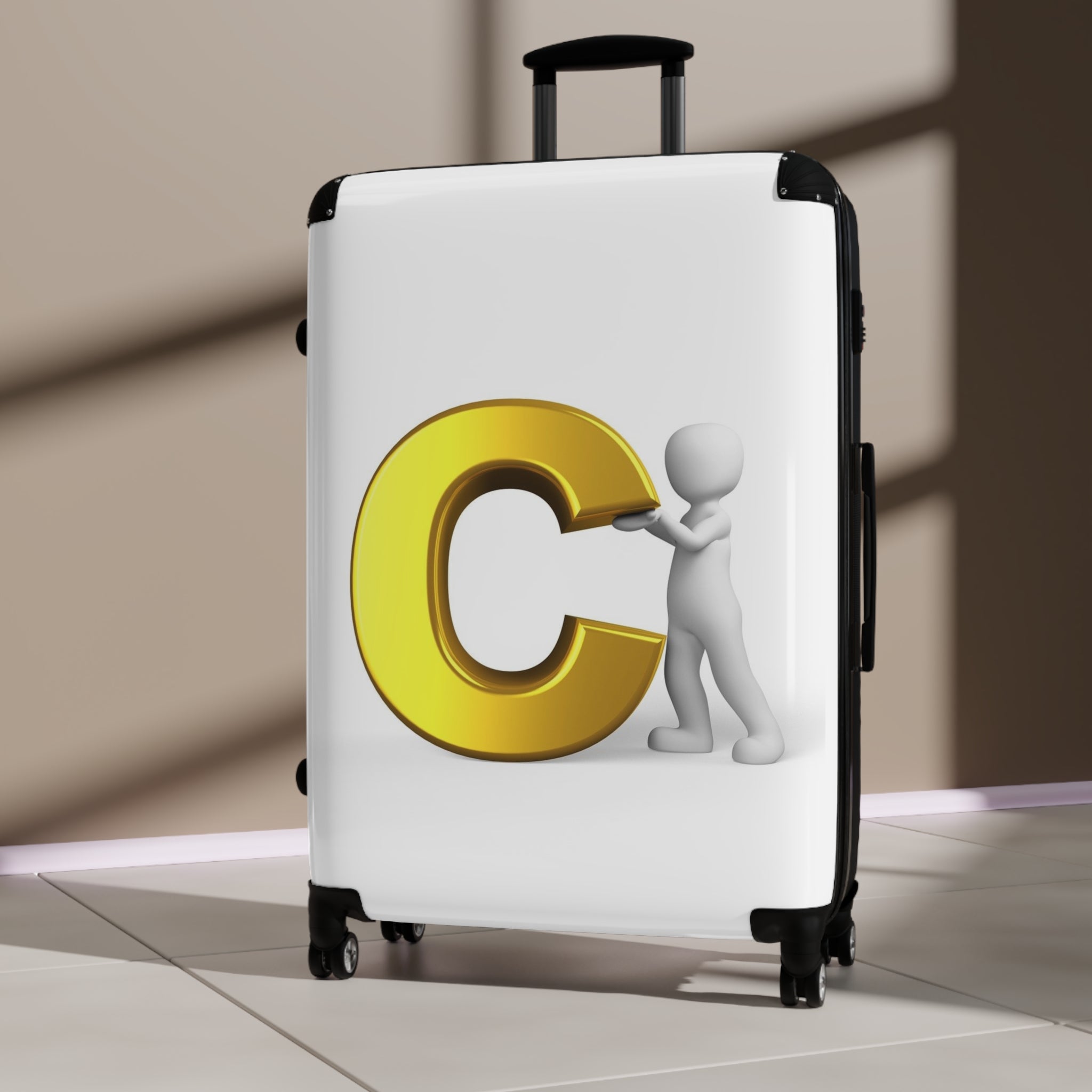 3D Person Pushing Gold Letter C Suitcase | Personalized Luggage Cover