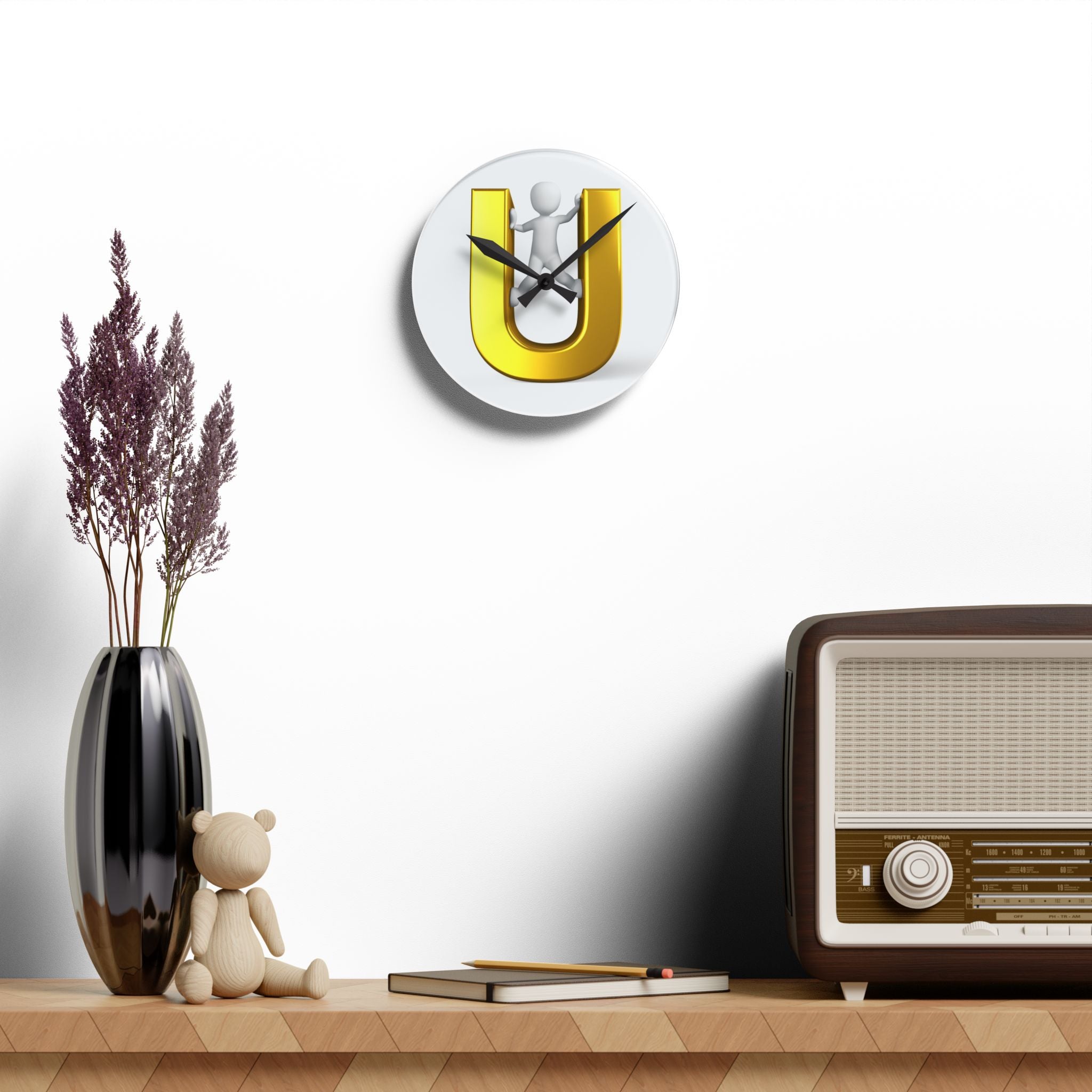 3D Gold Letter U with Figure Acrylic Wall Clock | Monogram Initial Home Décor