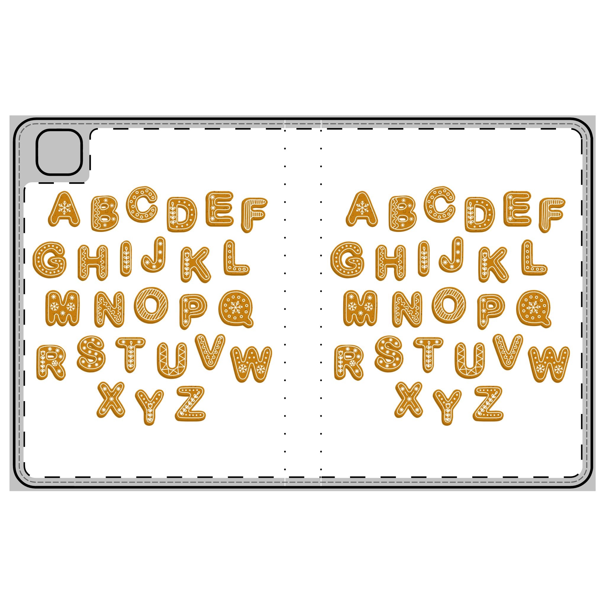 Étui-folio en forme de tablette avec alphabet en pain d'épices | Motif lettres en biscuits