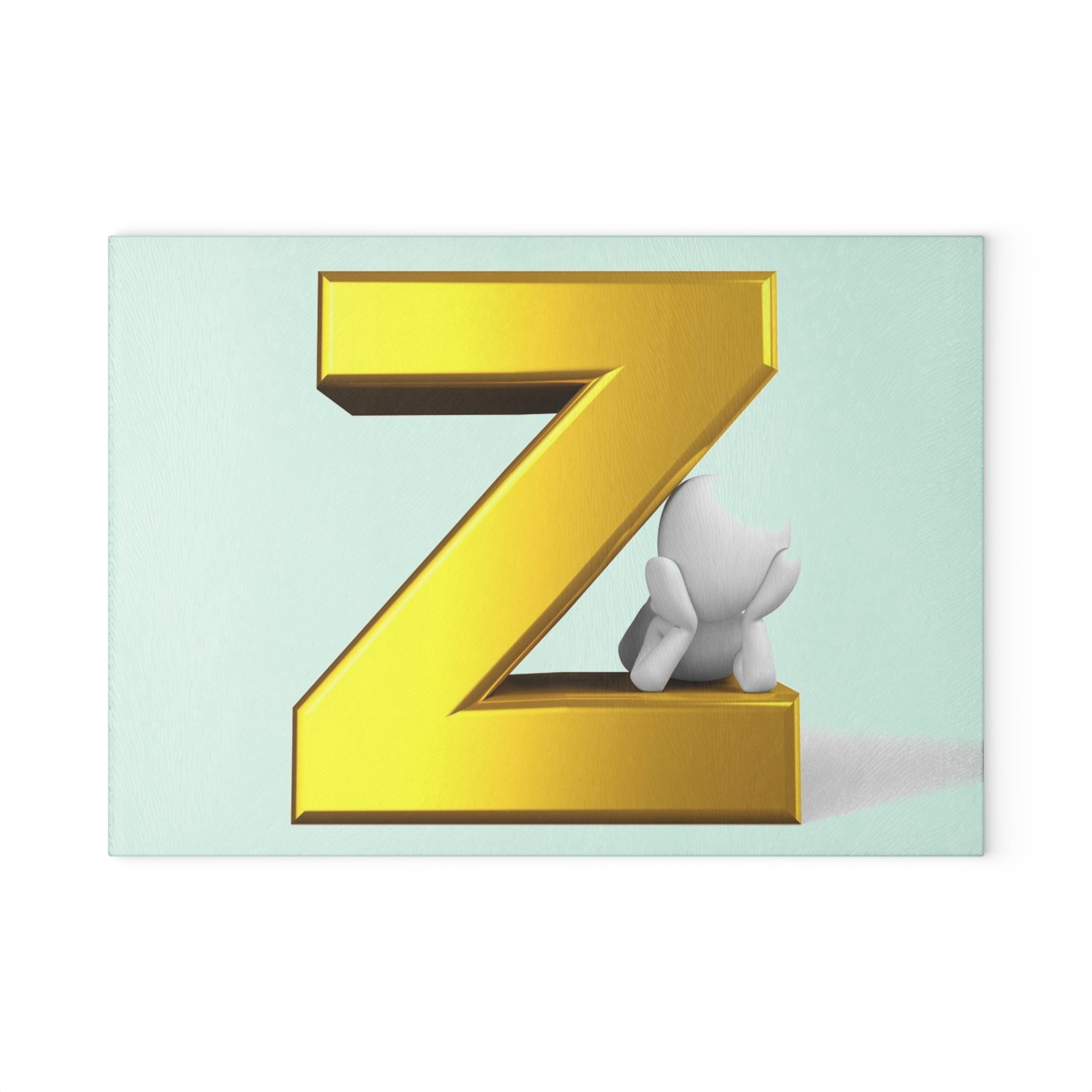 Gold 3D Letter Z with Cute Character Glass Cutting Board | Monogram Kitchen Decor