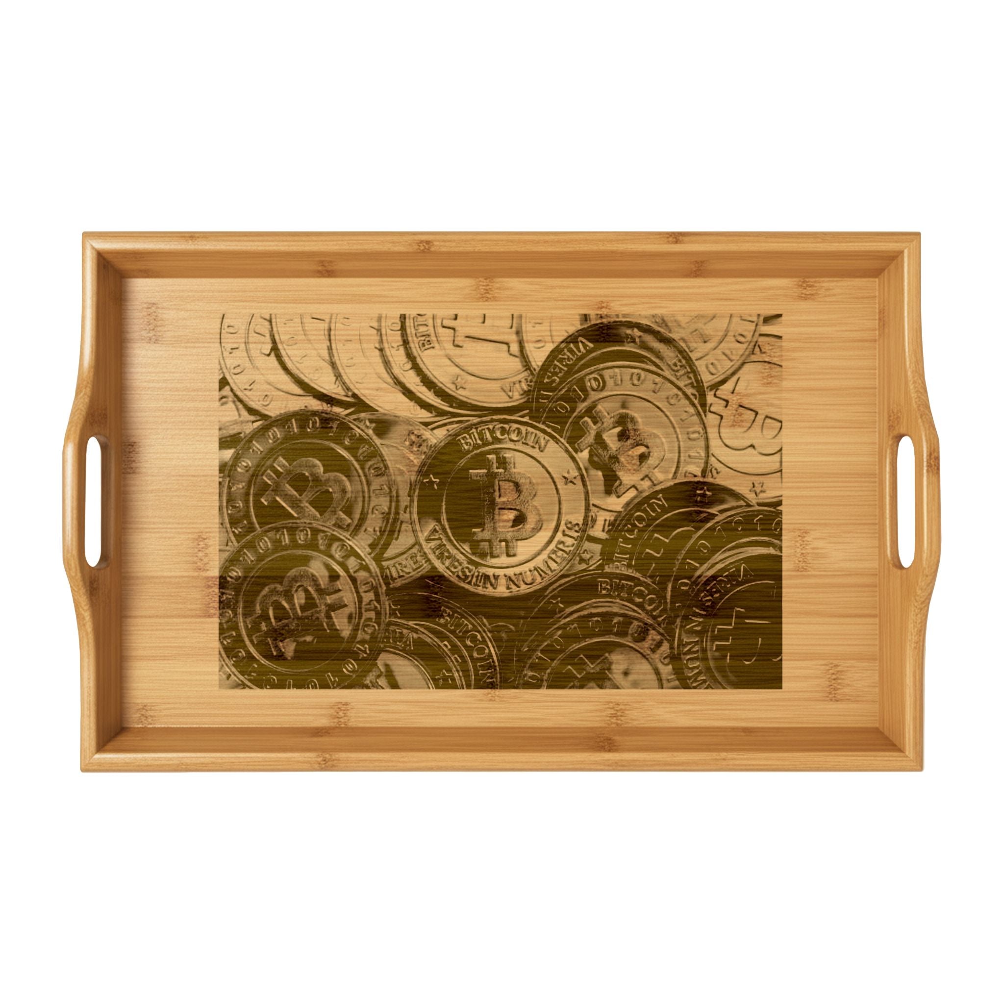 Plateau de service en bambou gravé, motif pièces de cryptomonnaie vintage | Plateau décoratif en bois