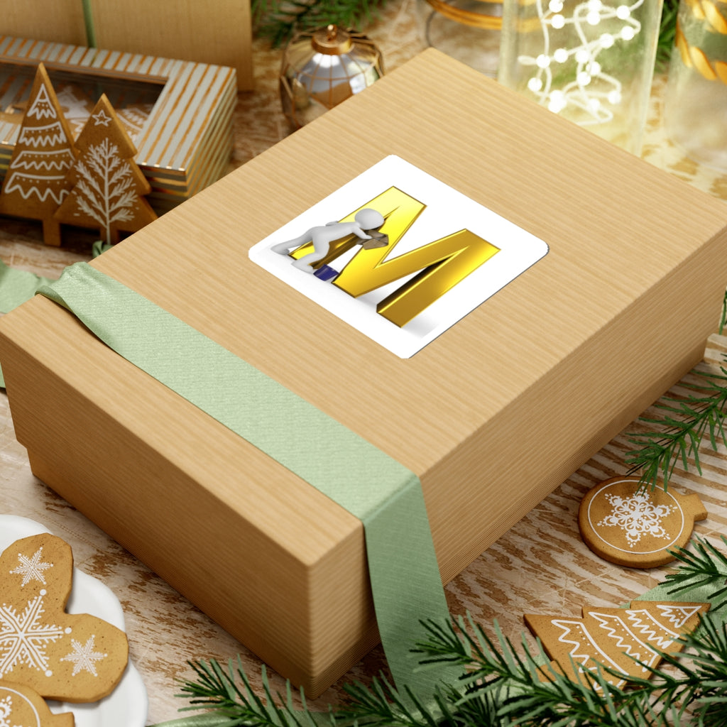 Gold Letter M with Painter Figure Sticker | Kiss-Cut Alphabet Decal