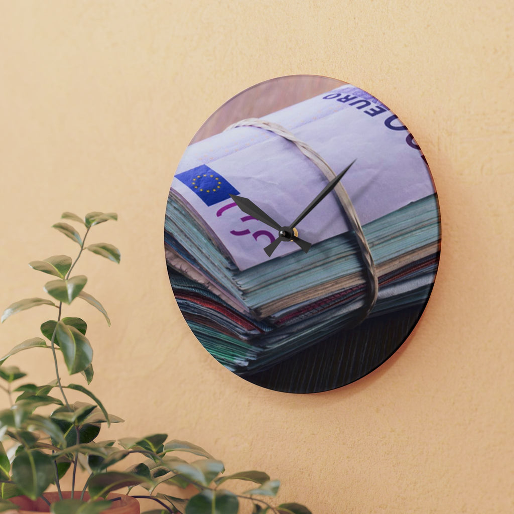 Stacked Currency Illustration Acrylic Wall Clock | Money Notes Design