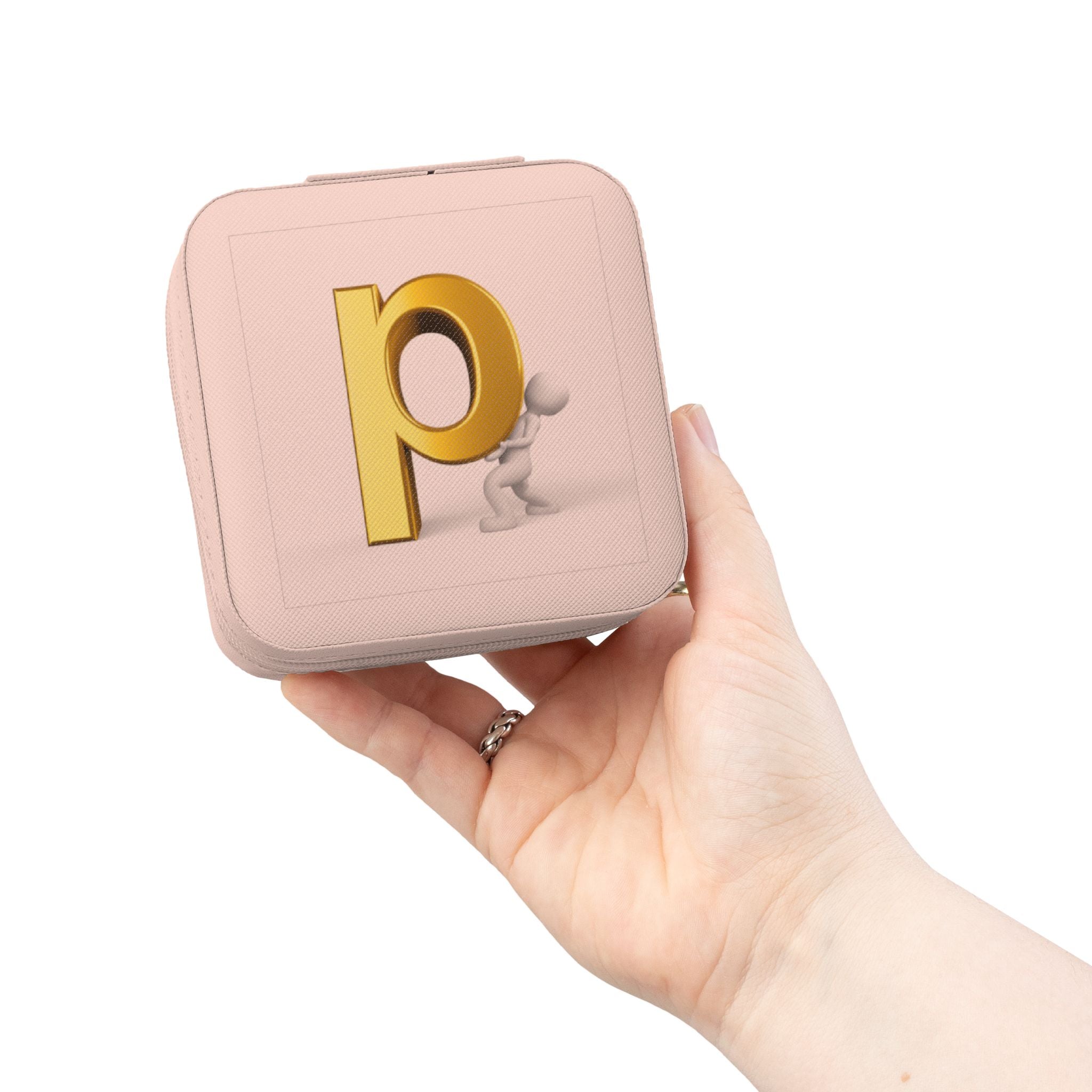 Trousse de voyage pour bijoux avec monogramme lettre P dorée | Organisateur compact rose