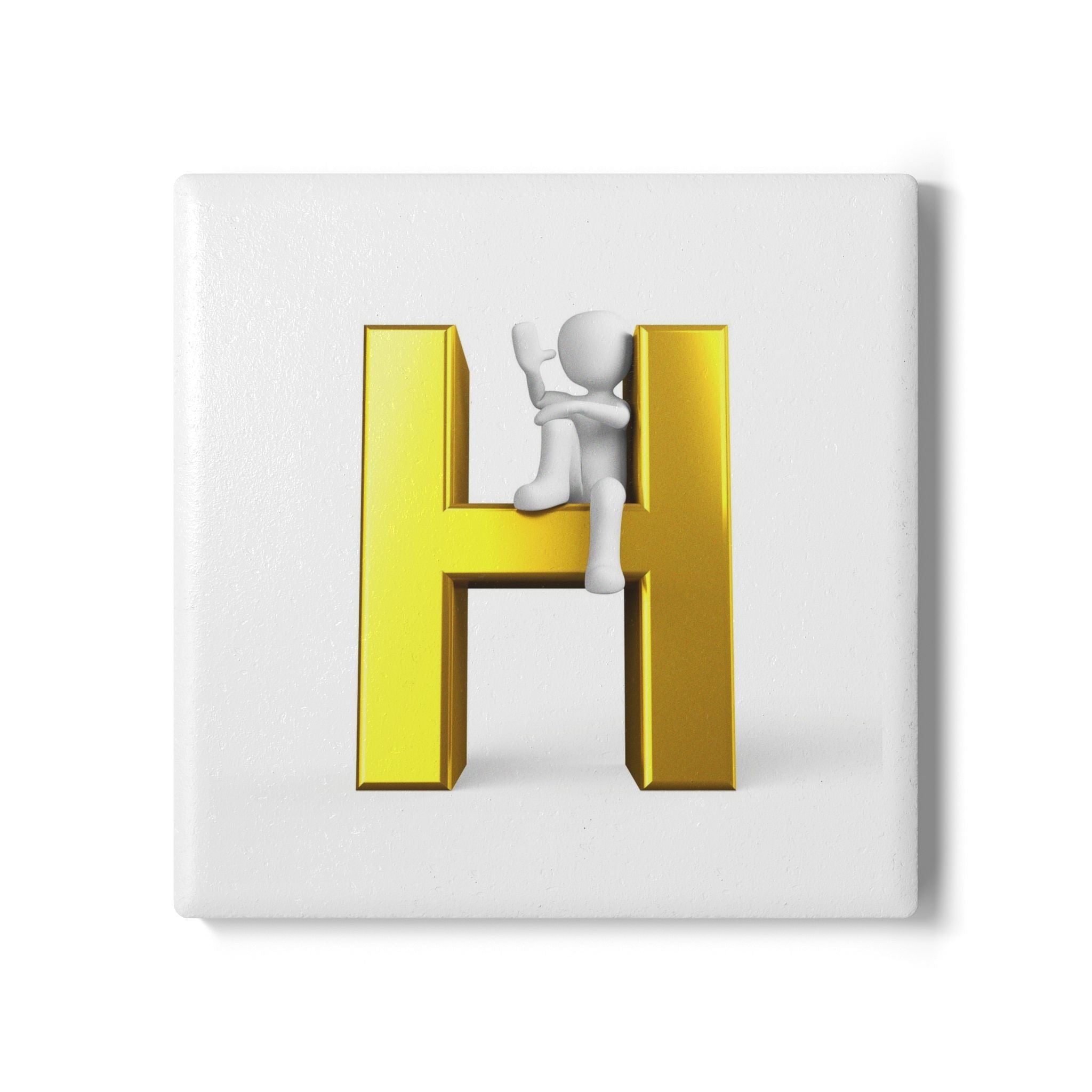 3D Stick Figure Climbing Gold Letter H Ceramic Coaster | Personalized Monogram Home Decor