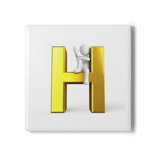 3D Stick Figure Climbing Gold Letter H Ceramic Coaster | Personalized Monogram Home Decor