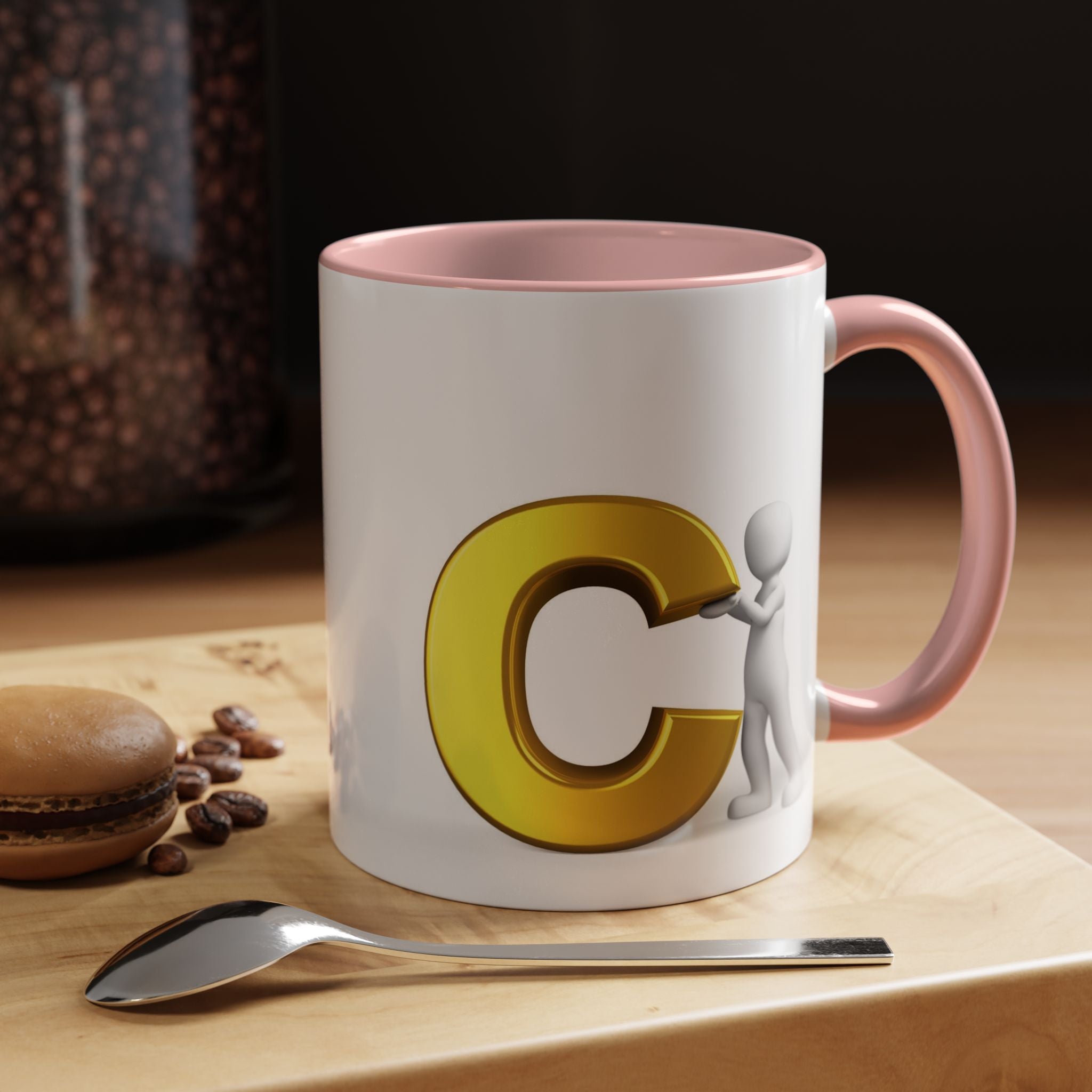 3D Stick Figure Holding Gold Letter C Accent Coffee Mug | Initial Monogram Mug
