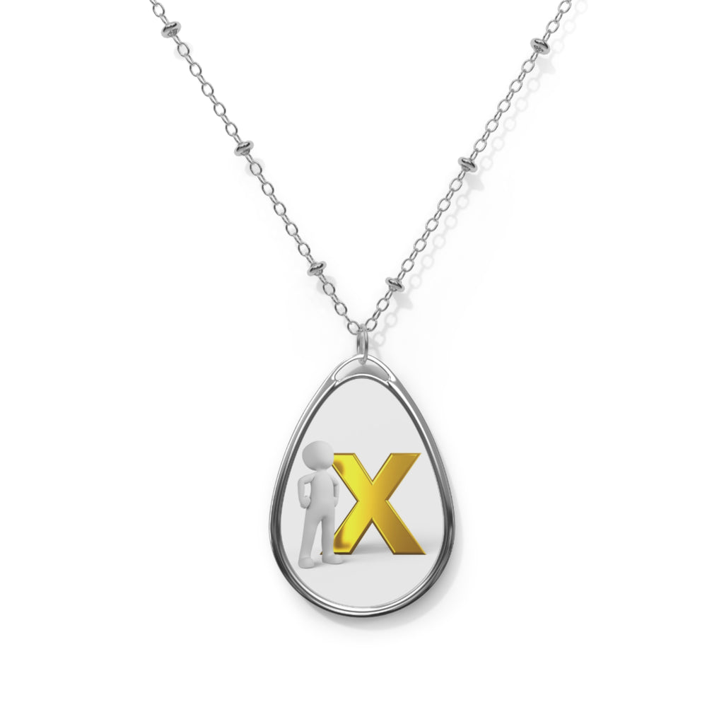 Personalized Oval Pendant Necklace — Custom Initial "X" Charm, Silver Teardrop Locket