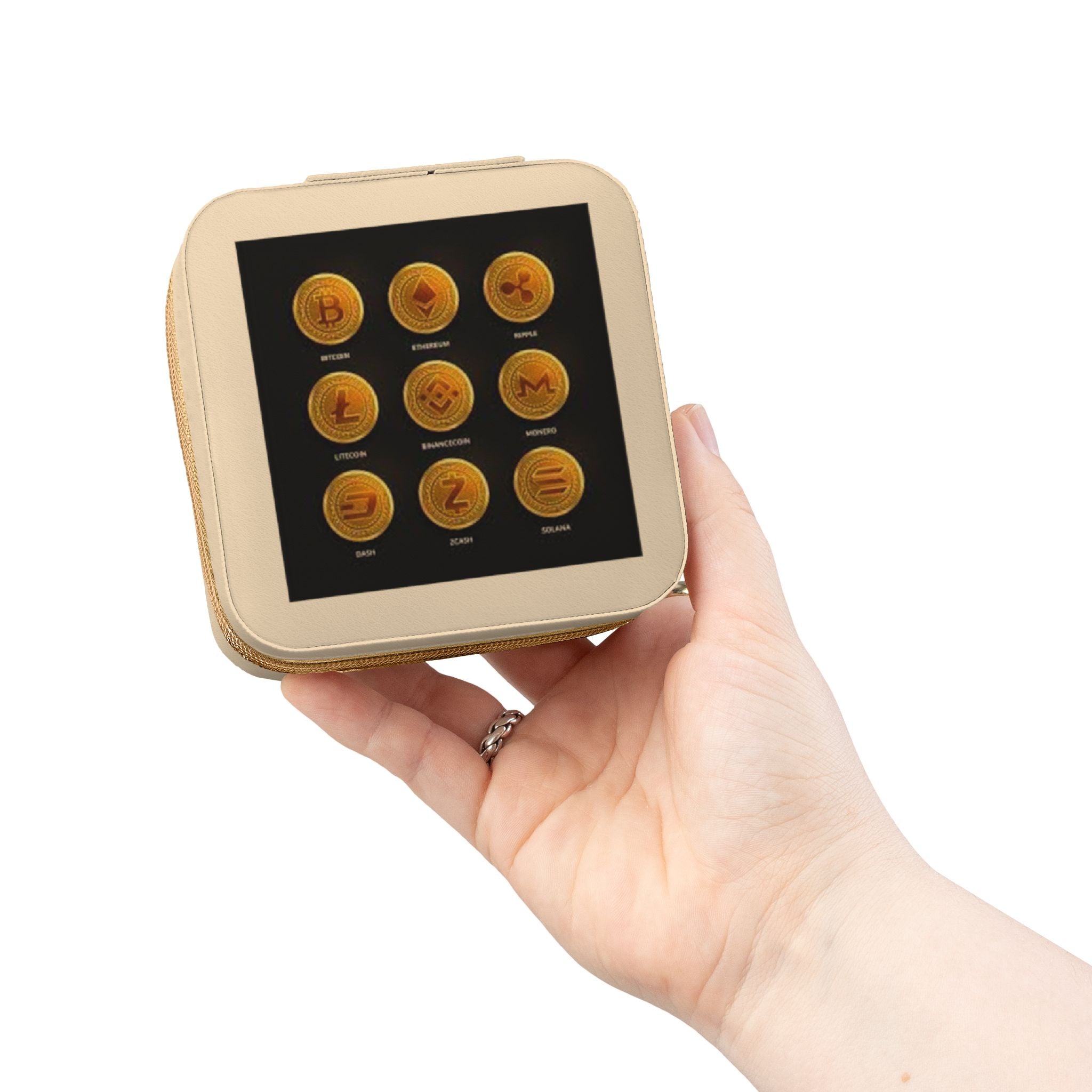 Étui de voyage compact pour bijoux Crypto Monnaie | Organisateur pour bagues boucles d'oreilles colliers