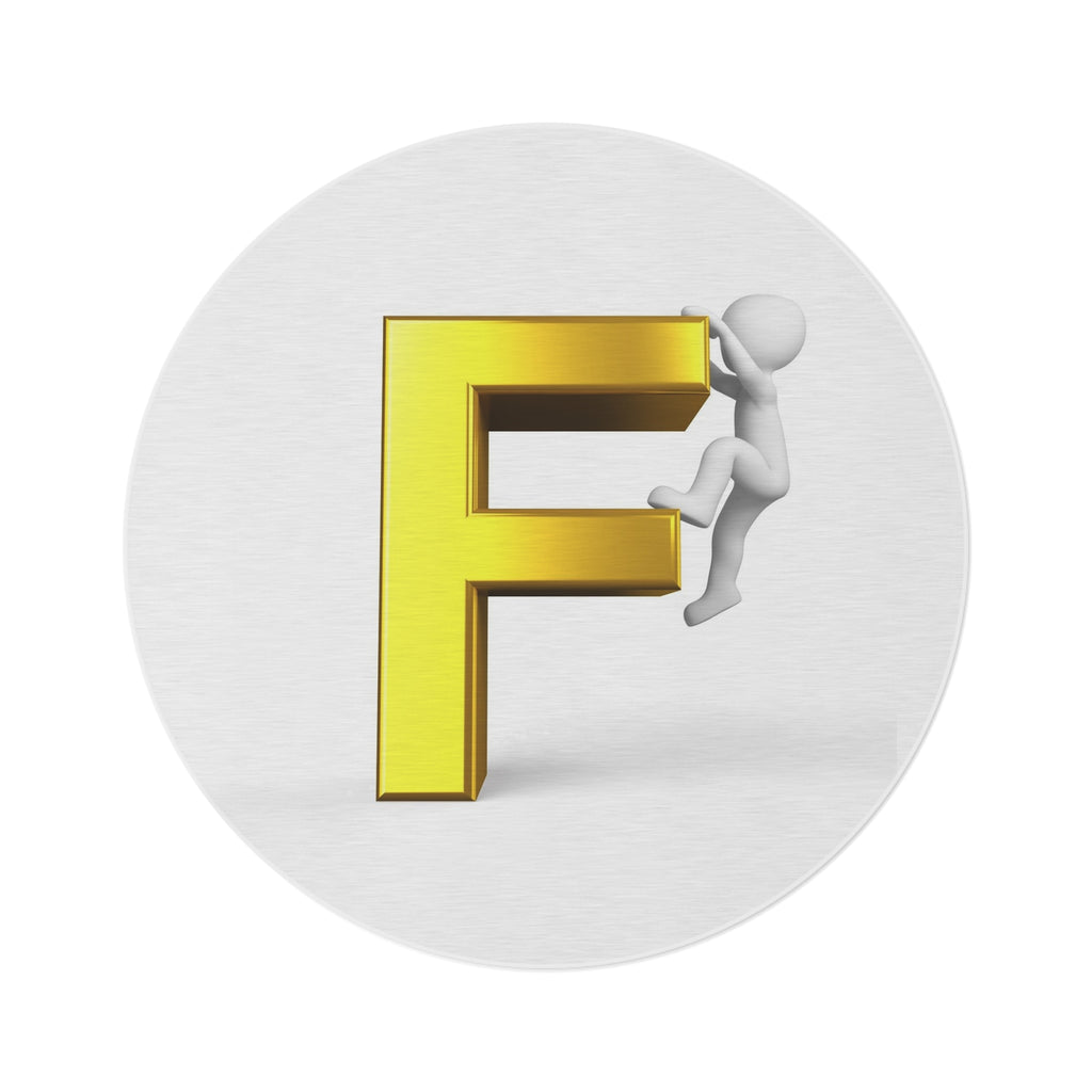 Stick Figure Climber on Gold Letter F Round Rug | Monogram Initial Decor