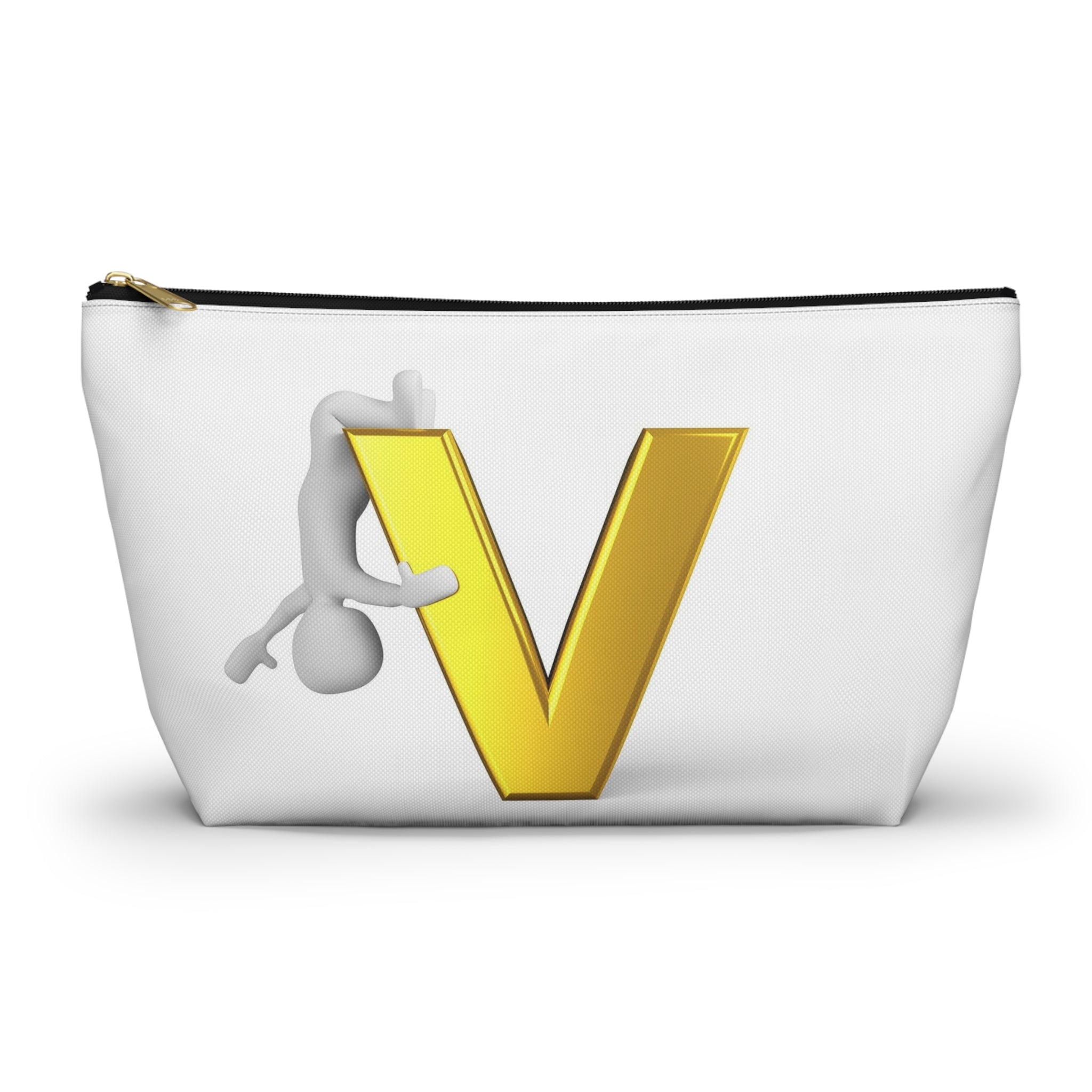 Gold Letter V with Hanging Stick Figure Accessory Pouch