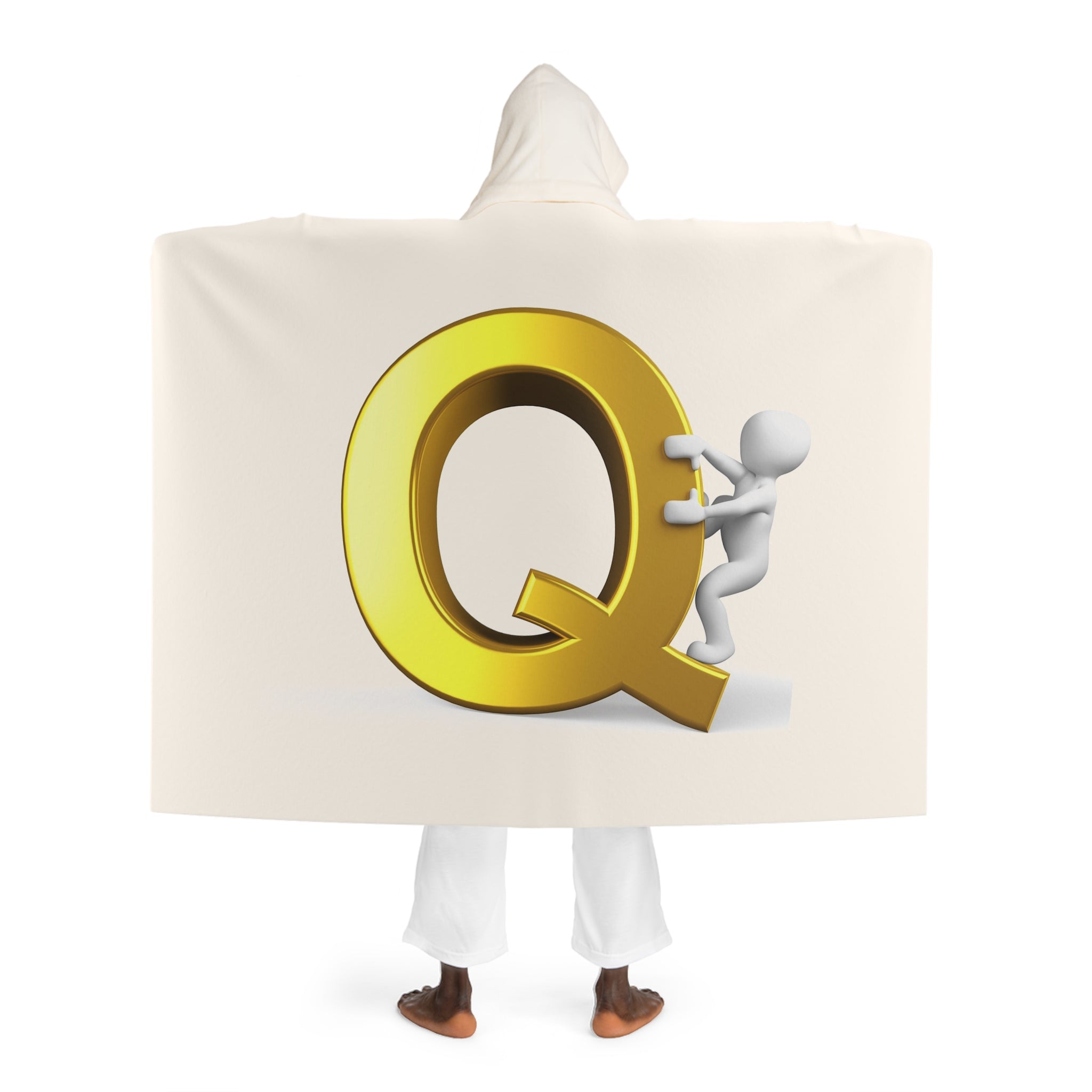 Cozy Hooded Sherpa Fleece Blanket | Gold Letter Q With Figure Plush Wearable Throw