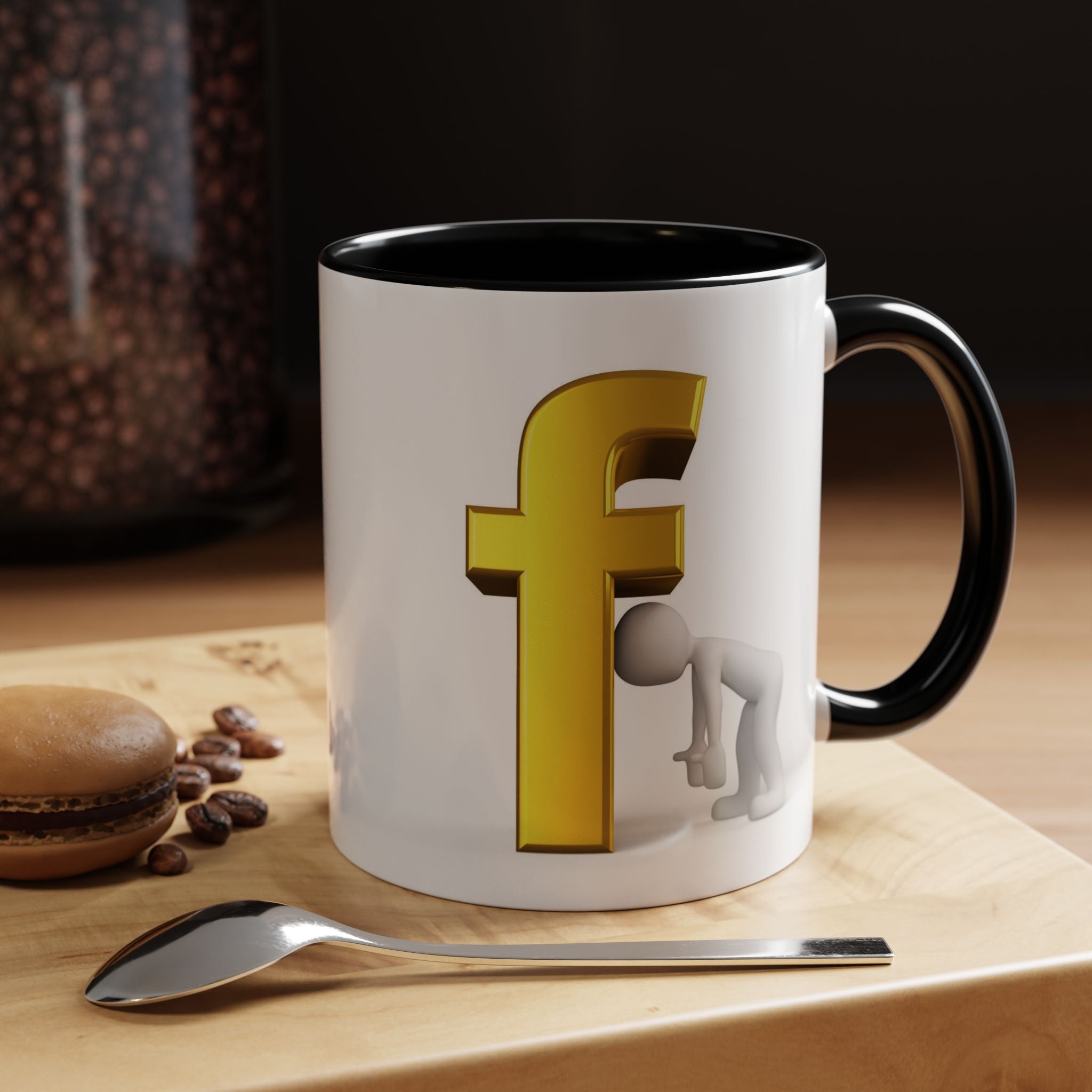 3D Tiny Figure Leaning on Gold Letter F Mug | Accent Coffee Mug