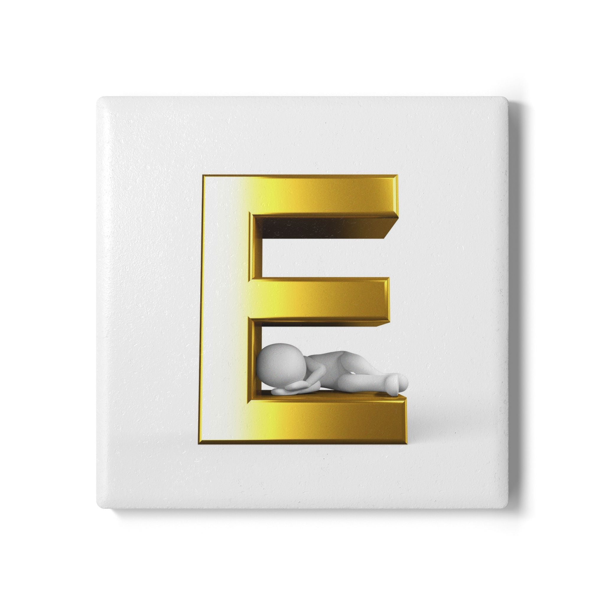 Gold Letter E with Sleeping Figure Ceramic Coaster | Monogram Initial Coaster