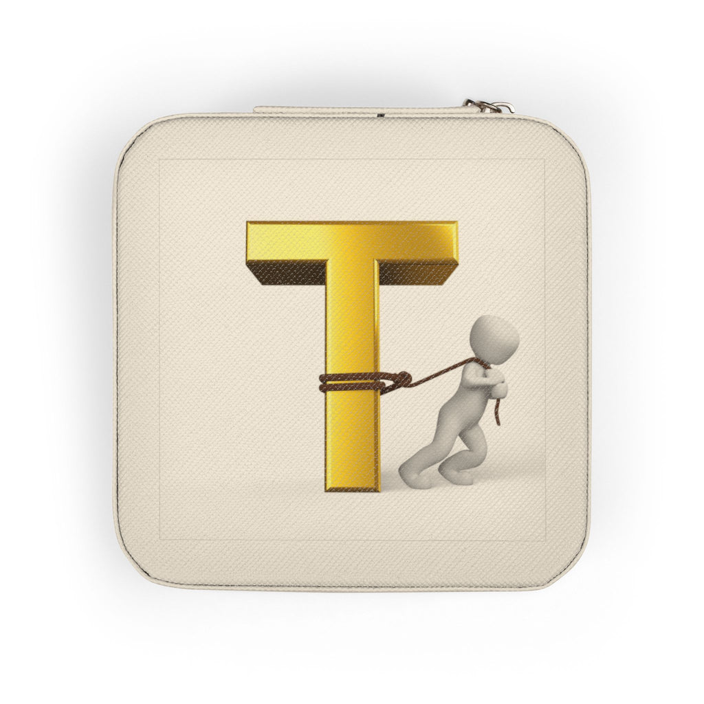 Gold Letter T Monogram Jewelry Travel Case | Compact Square Trinket Box