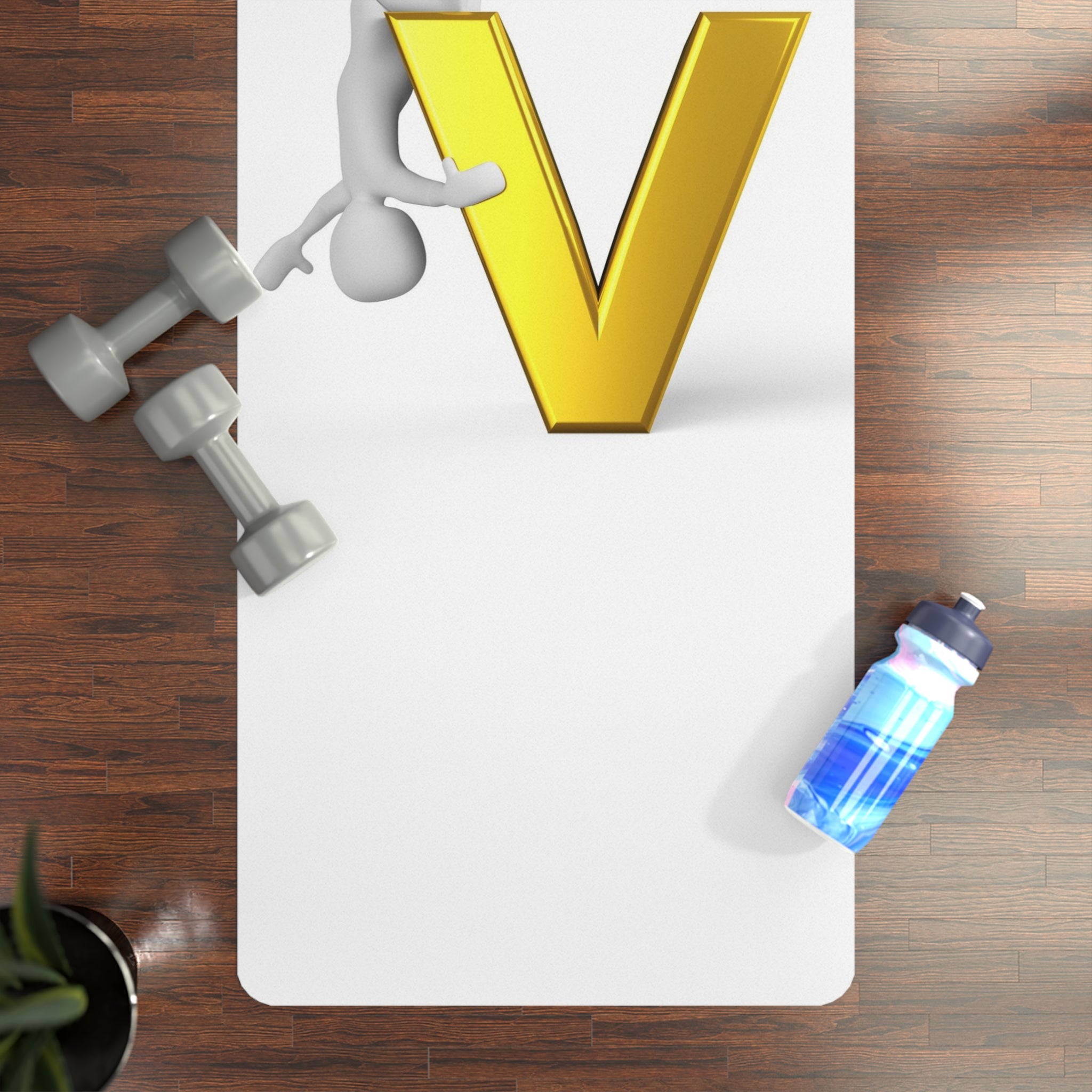 3D Gold Letter V with Character Rubber Yoga Mat | Minimal Alphabet Design