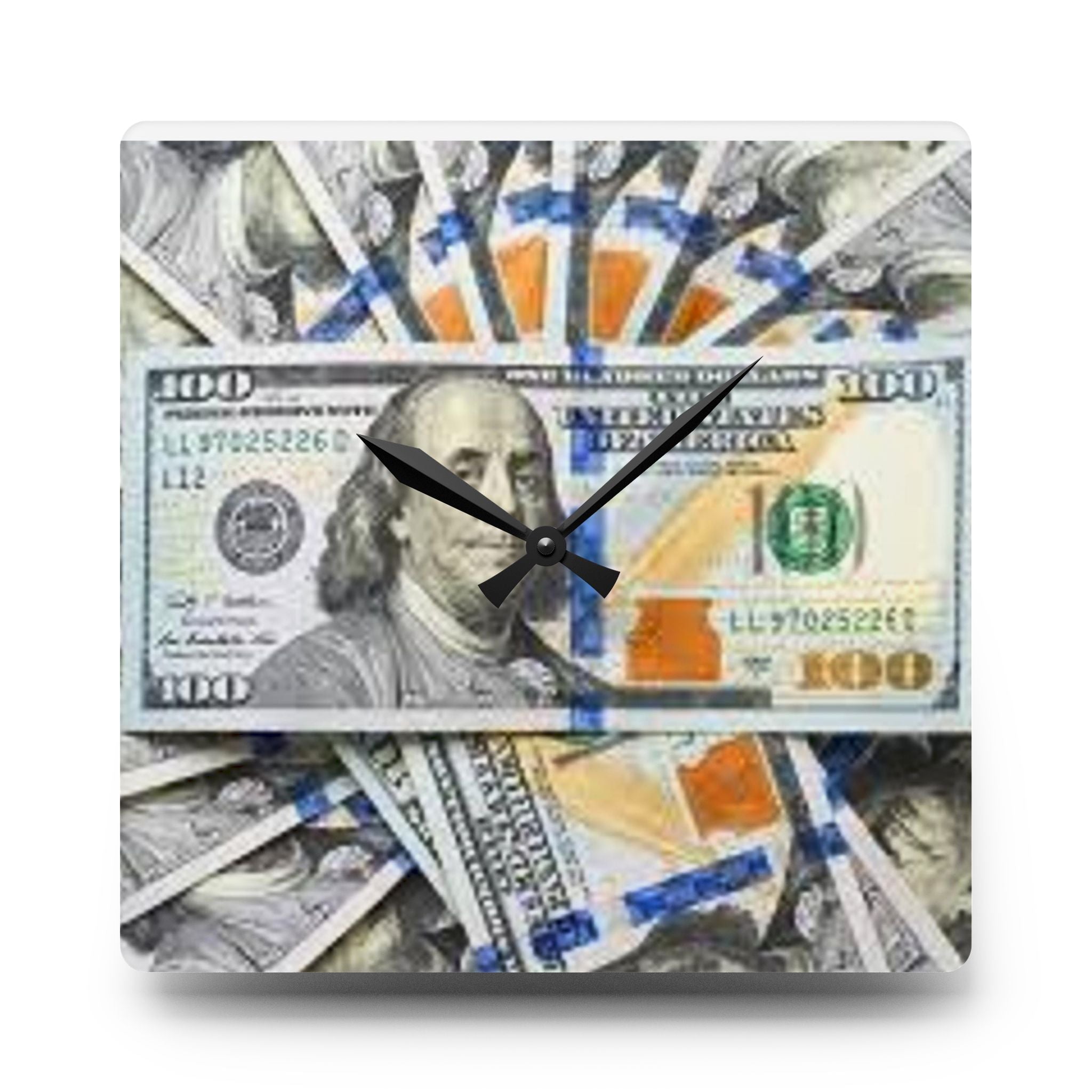 Horloge murale en acrylique billets de cent dollars | Horloge murale pile de billets