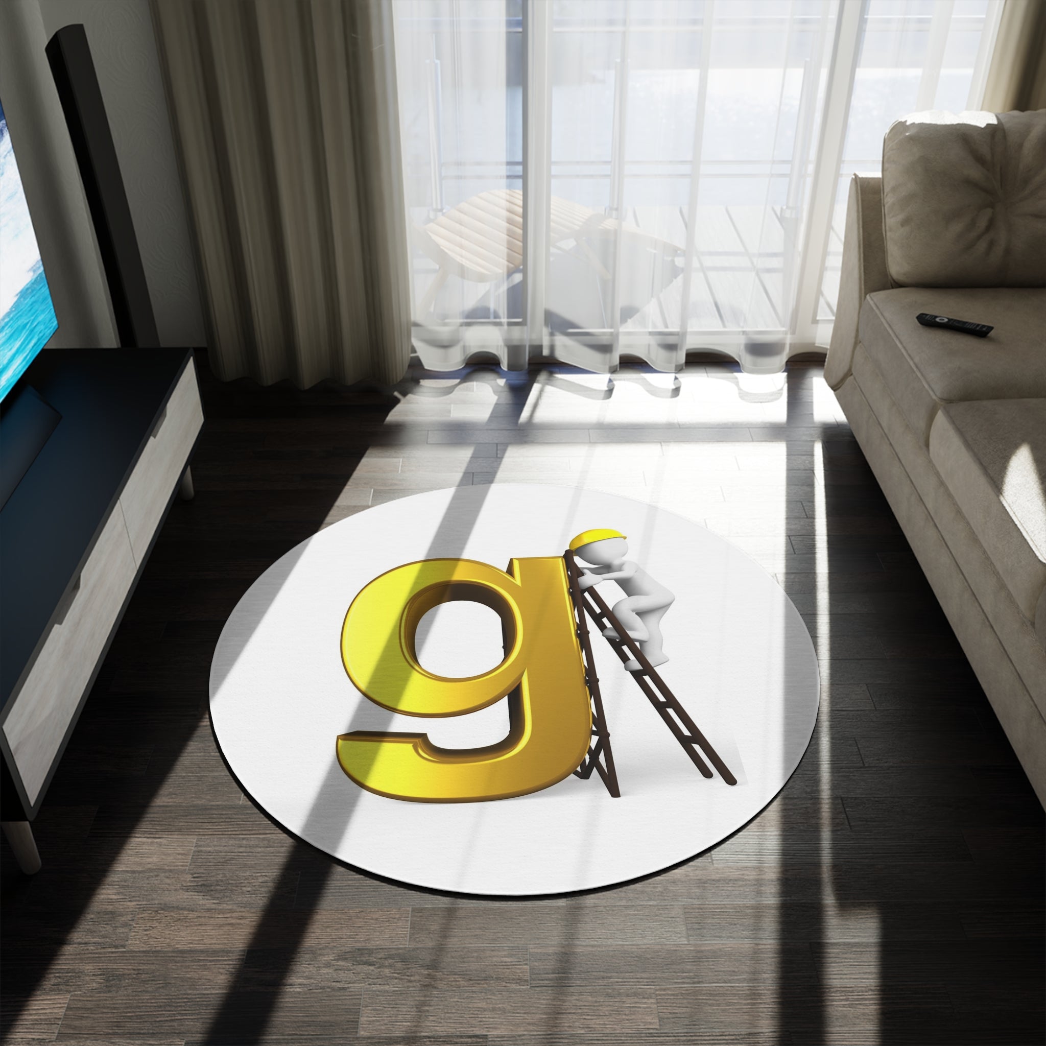 Gold Letter G with Worker Ladder Round Rug | Initial Monogram Floor Mat