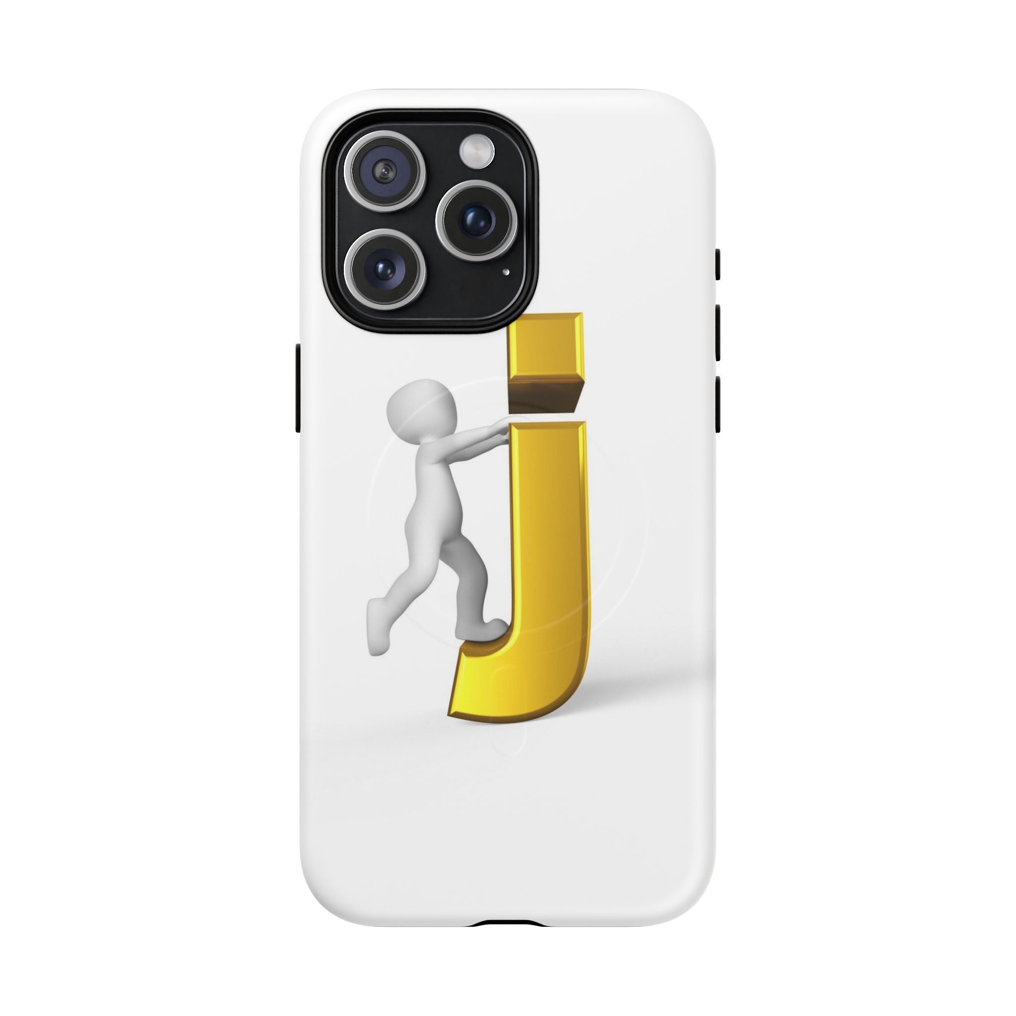 Coque de téléphone 3D Bonhomme allumette Poussant la lettre J dorée | Coque magnétique robuste