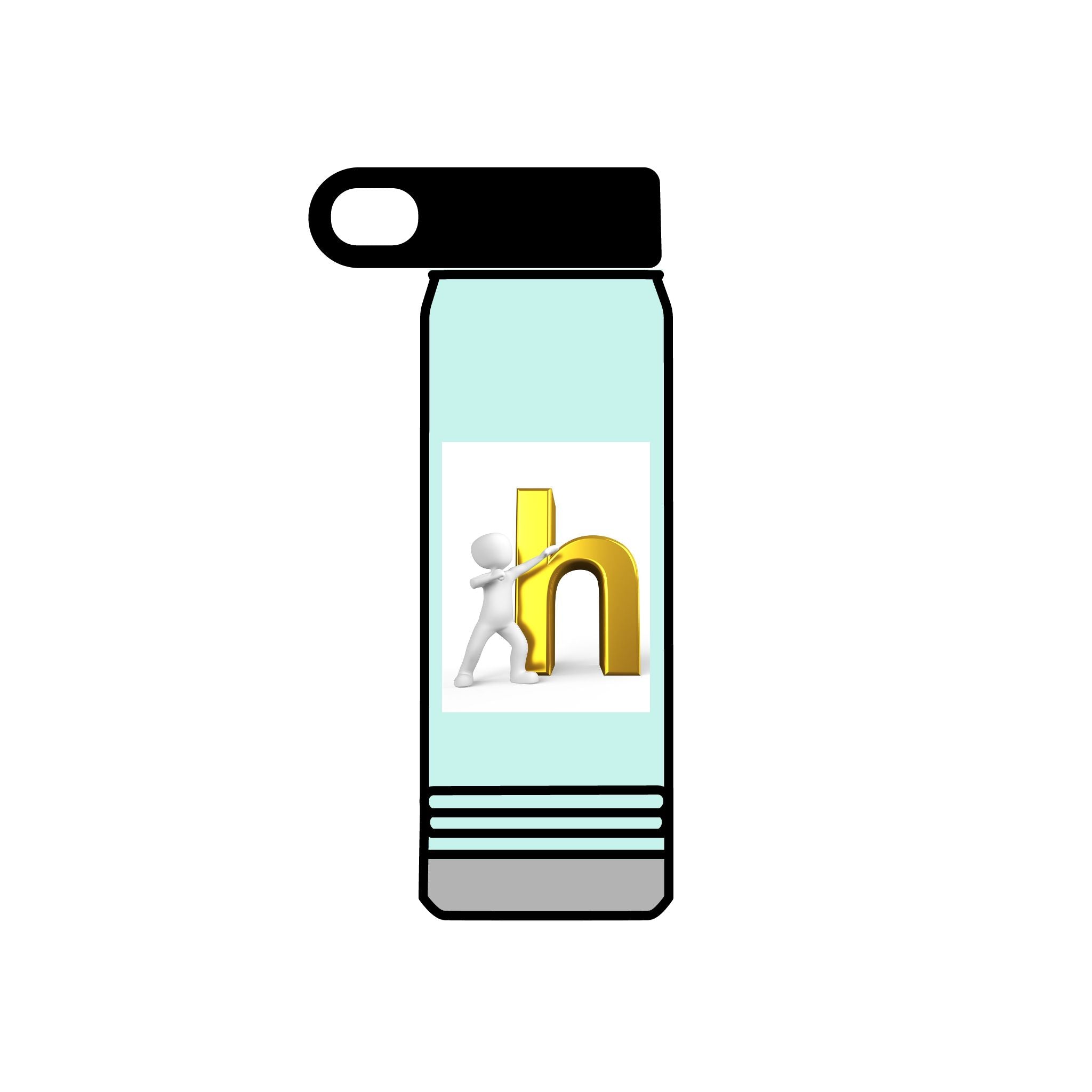 Bouteille d'eau 20 oz avec personne 3D appuyée sur la lettre N dorée