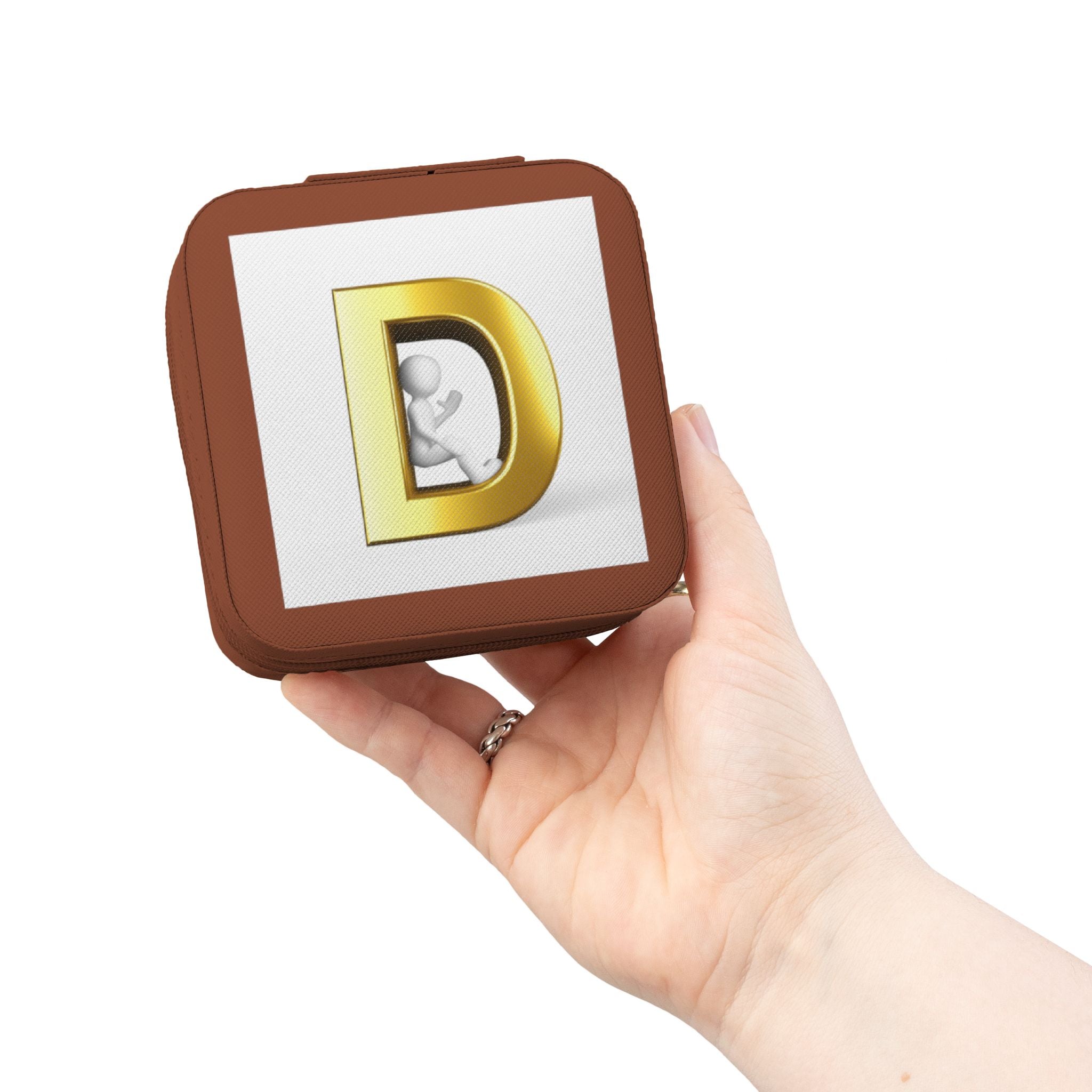 Étui de voyage pour bijoux monogramme D doré | Boîte à bijoux rose compacte