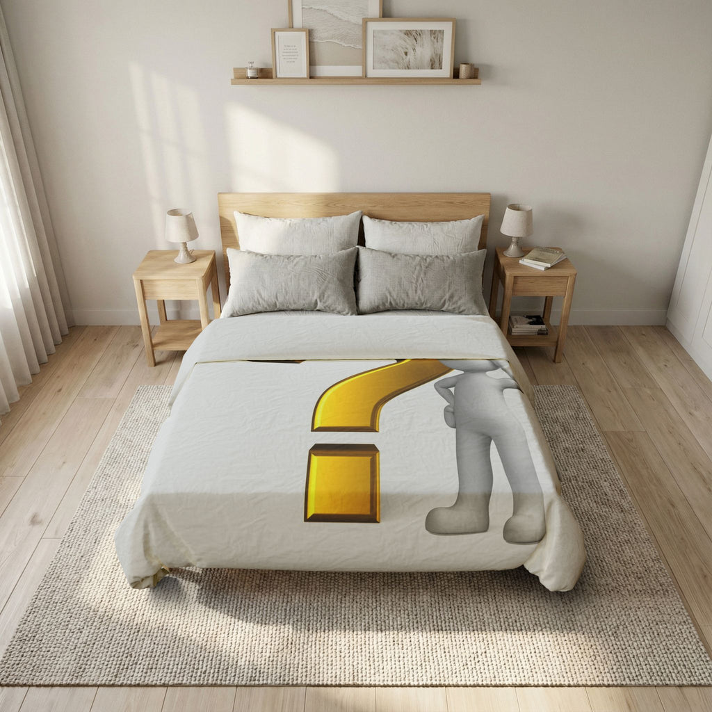 3D Gold Question Mark with Thinking Figure Duvet Cover | White Cotton