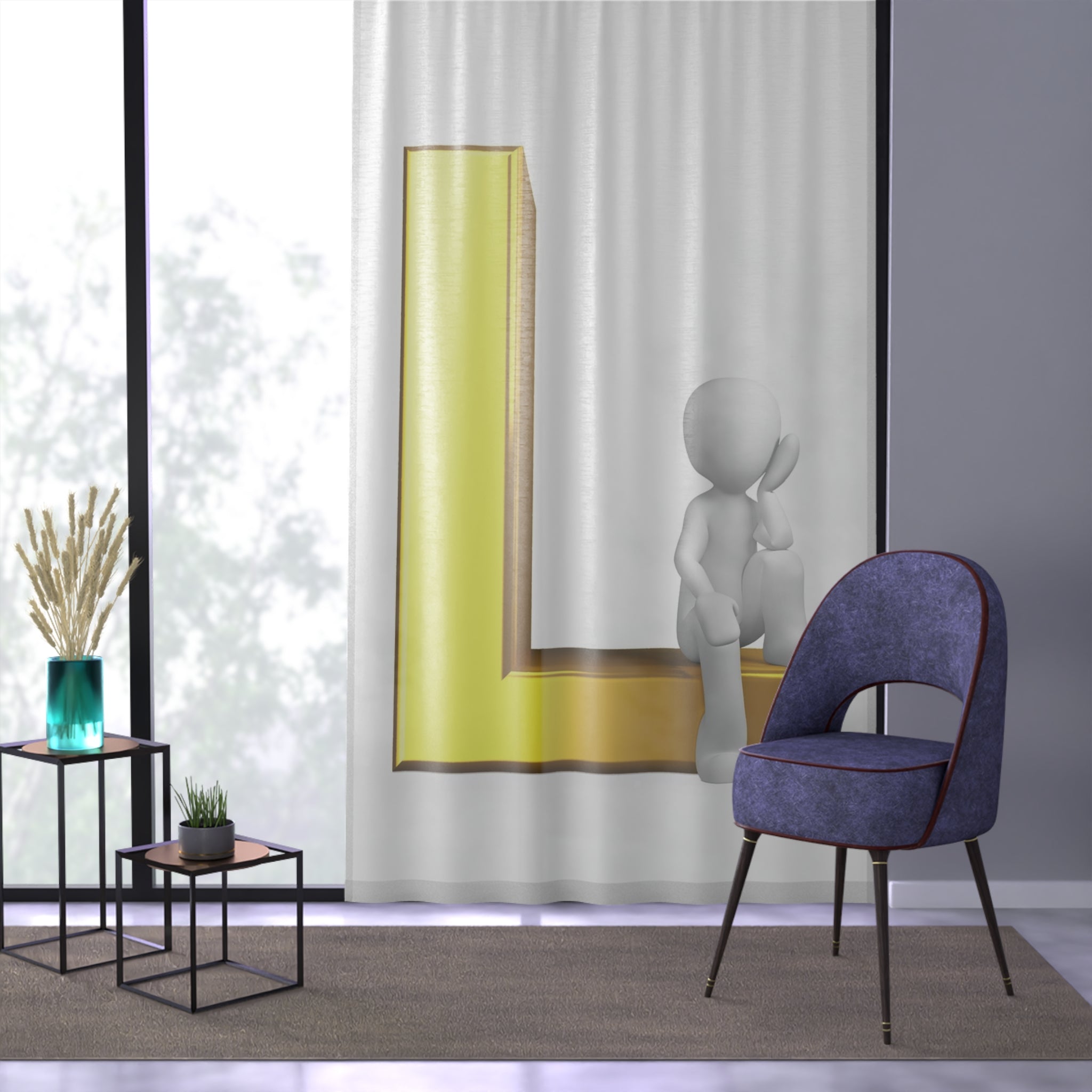 3D White Figure Sitting on Gold Letter L Window Curtain | Letter Initial Home Decor