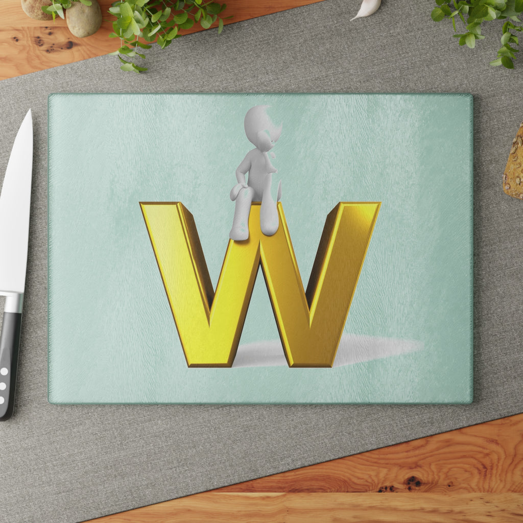 Gold Letter W with Sitting Character Glass Cutting Board | Monogram Kitchen Decor