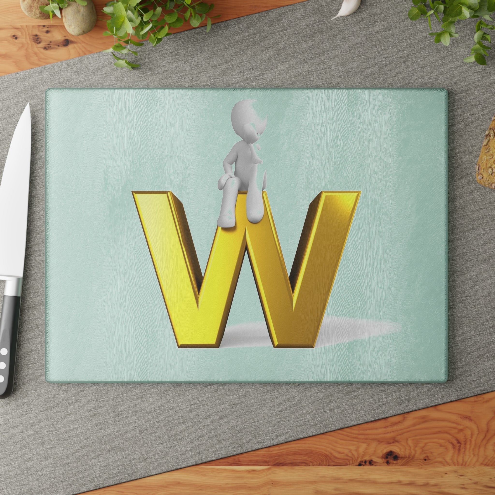 Gold Letter W with Sitting Character Glass Cutting Board | Monogram Kitchen Decor