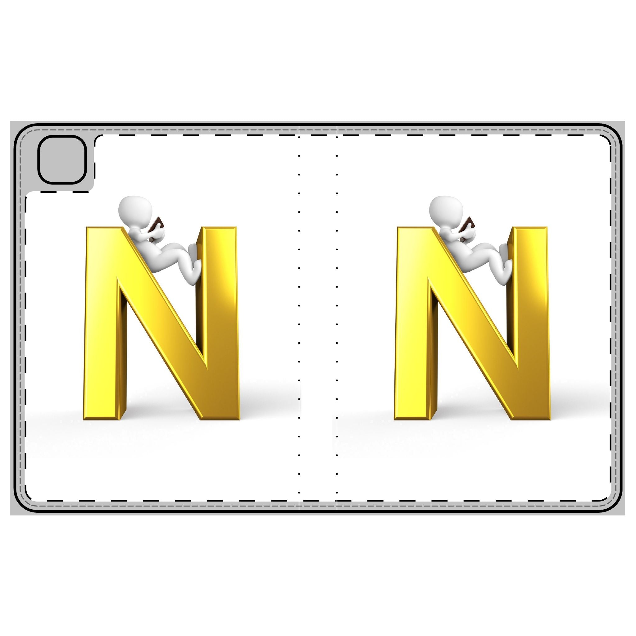3D Gold Letter N with Character Tablet Folio Case | Initial Monogram