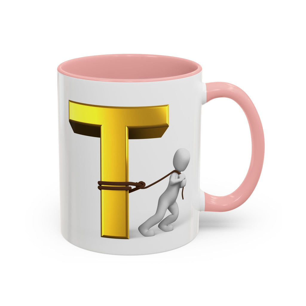 3D Stick Figure Tugging Gold Letter T Mug | Accent Coffee Mug