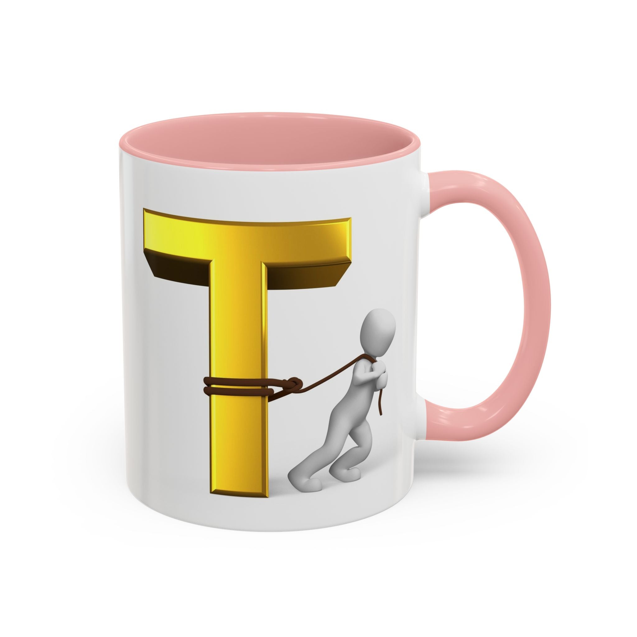 3D Stick Figure Tugging Gold Letter T Mug | Accent Coffee Mug