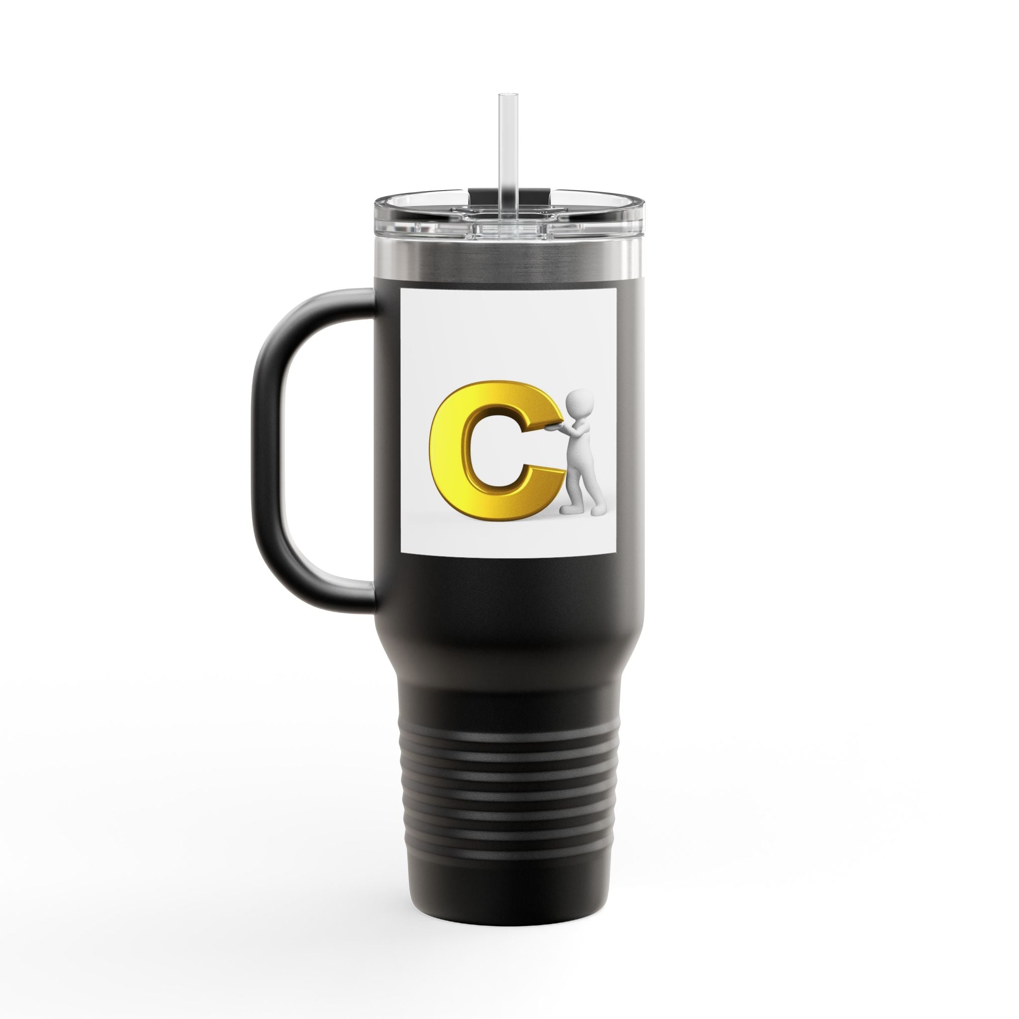 3D Character Leaning on Yellow Letter C Travel Mug | 40oz Insulated Tumbler