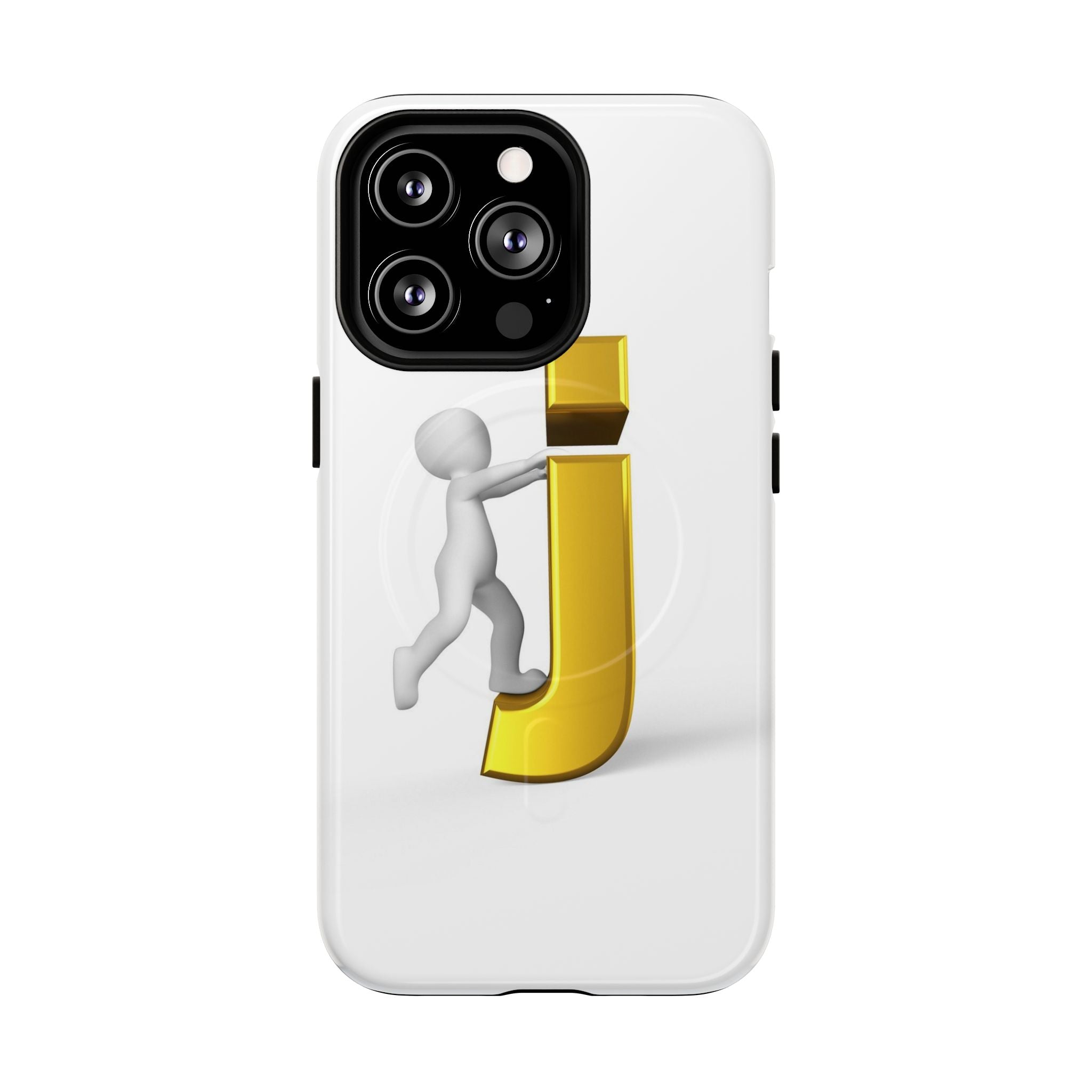 Coque de téléphone 3D Bonhomme allumette Poussant la lettre J dorée | Coque magnétique robuste