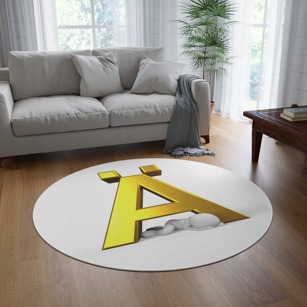 Golden Letter Ä with Falling Figure Round Rug | Alphabet Decor