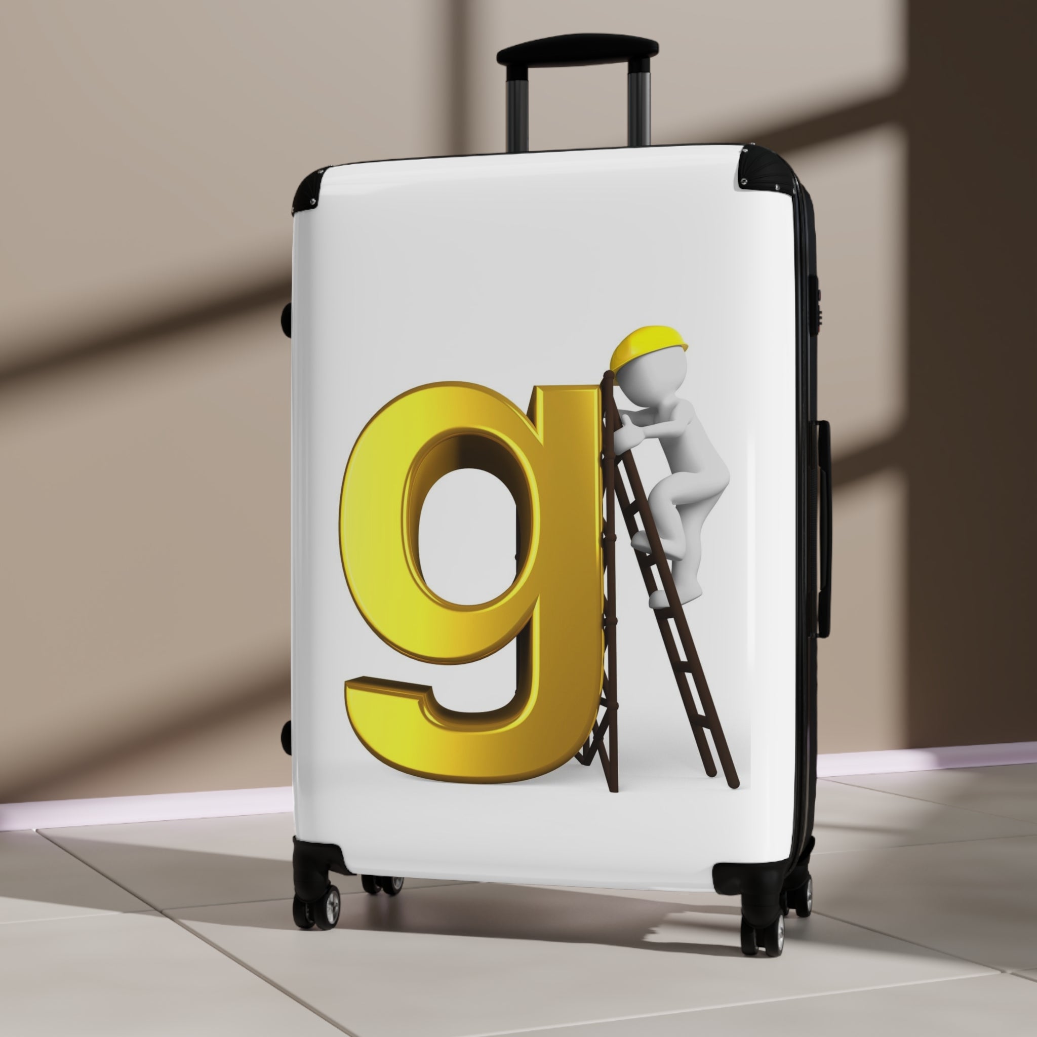 Yellow Letter G with Worker Illustration Suitcase | Personalized Luggage