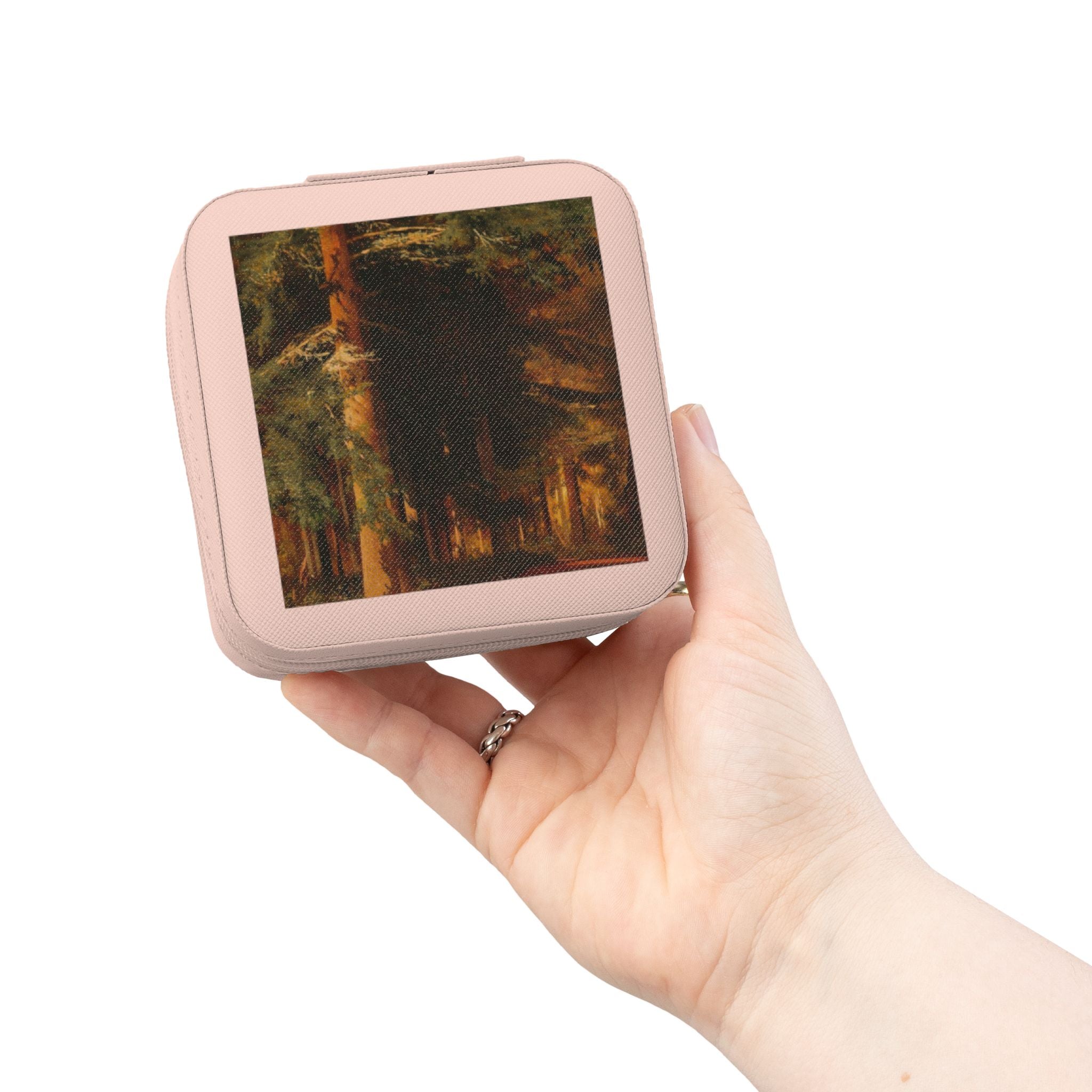 Étui de voyage pour bijoux en forme de carré compact avec peinture à l'huile de forêt | Boîte à bijoux carrée compacte