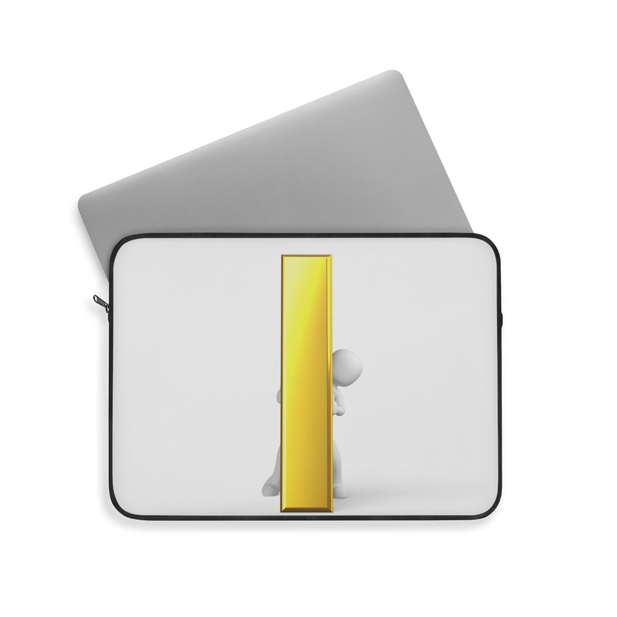 3D Character Peeking Behind Gold Letter i Laptop Sleeve | Minimalist Tech Case